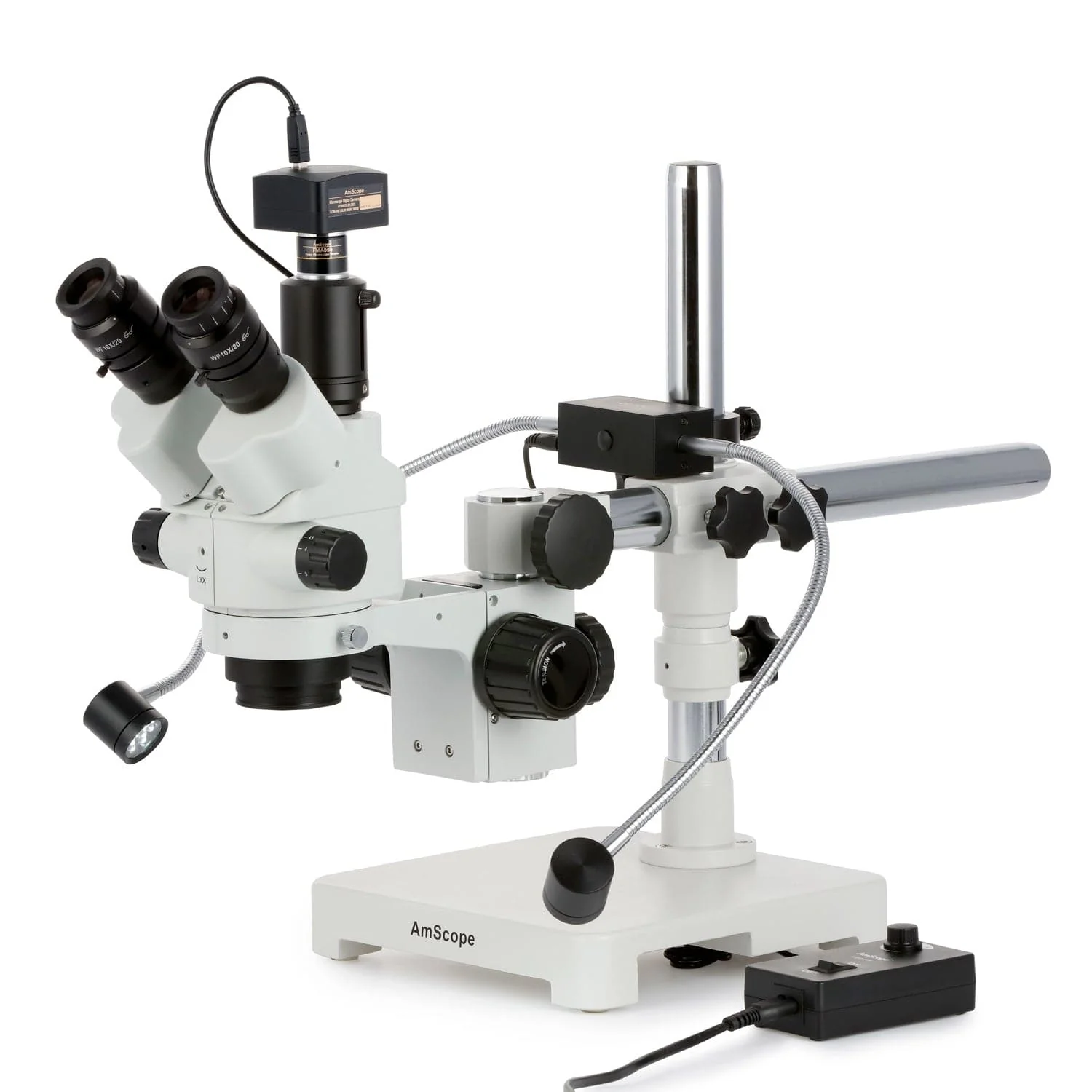 AmScope SM-3 Series Binocular Zoom Stereo Microscope 7X-45X Magnification with 8W LED Dual Gooseneck Illuminator + Optional Digital Camera on Single Arm Boom Stand - Image 2