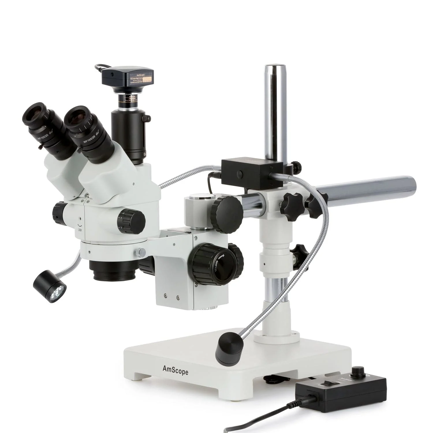 AmScope SM-3 Series Binocular Zoom Stereo Microscope 7X-45X Magnification with 8W LED Dual Gooseneck Illuminator + Optional Digital Camera on Single Arm Boom Stand - Image 3