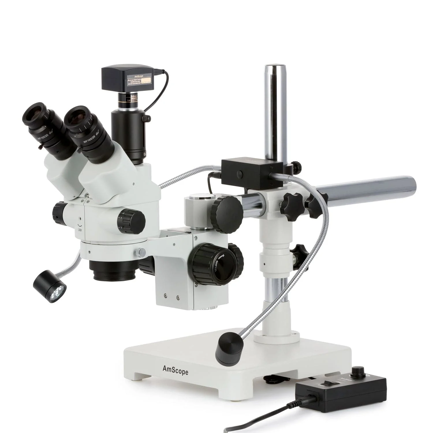 AmScope SM-3 Series Binocular Zoom Stereo Microscope 7X-45X Magnification with 8W LED Dual Gooseneck Illuminator + Optional Digital Camera on Single Arm Boom Stand - Image 4