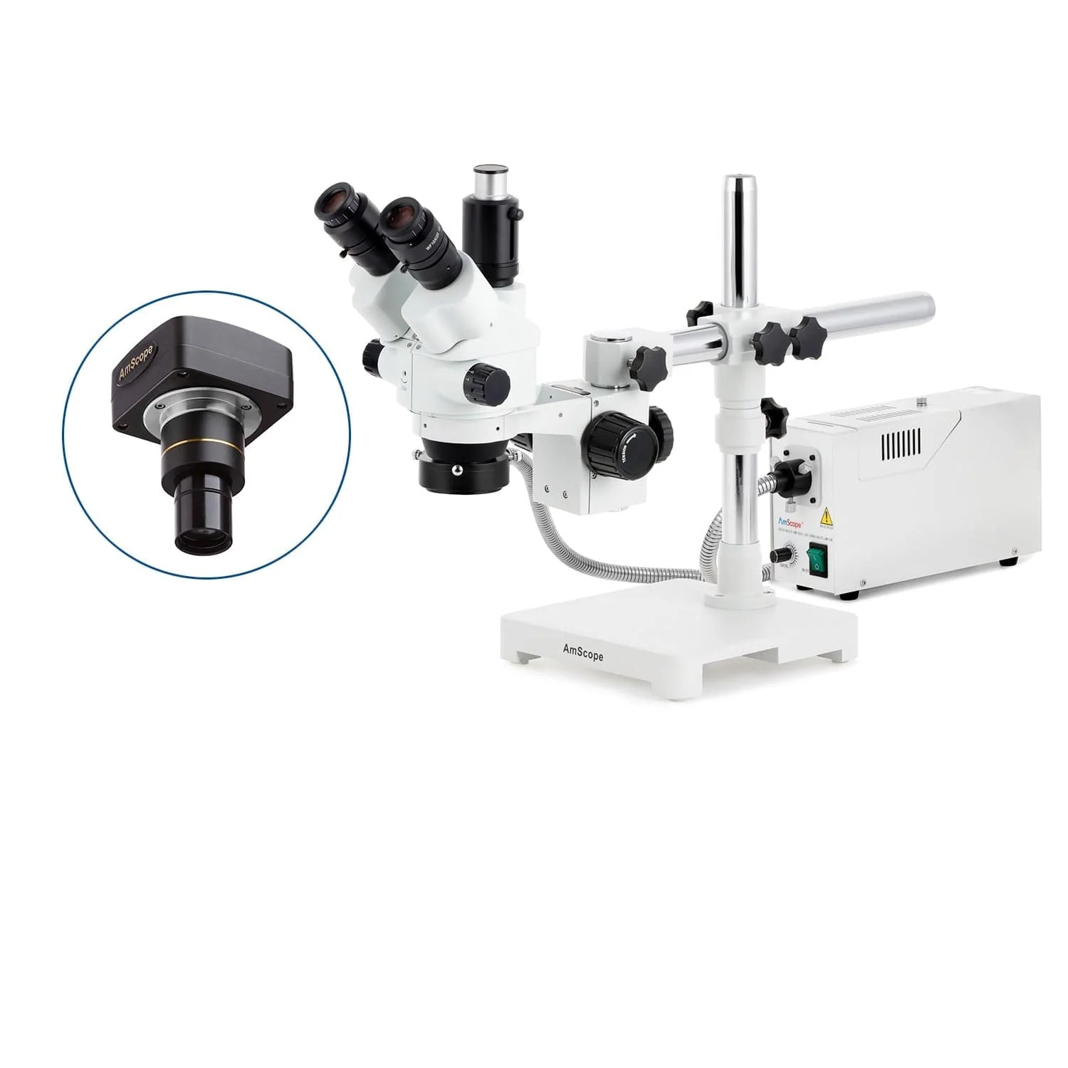 AmScope SM-3 Series Simul-Focal Lockable Zoom Trinocular Stereo Microscope with 150W Halogen Dual Fiber Gooseneck Lights and Optional Digital Camera on Single Arm Boom Stand - Image 2