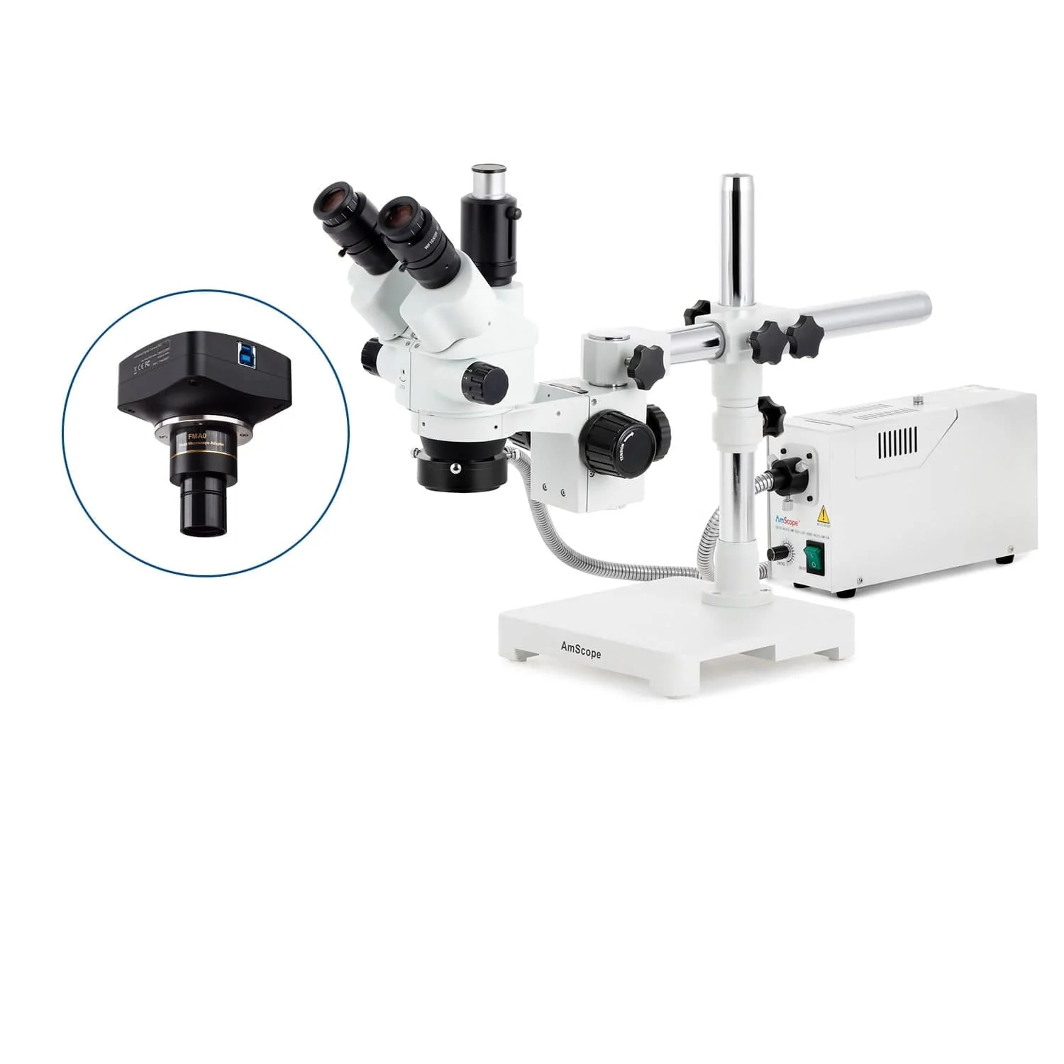 AmScope SM-3 Series Simul-Focal Lockable Zoom Trinocular Stereo Microscope with 150W Halogen Dual Fiber Gooseneck Lights and Optional Digital Camera on Single Arm Boom Stand - Image 4
