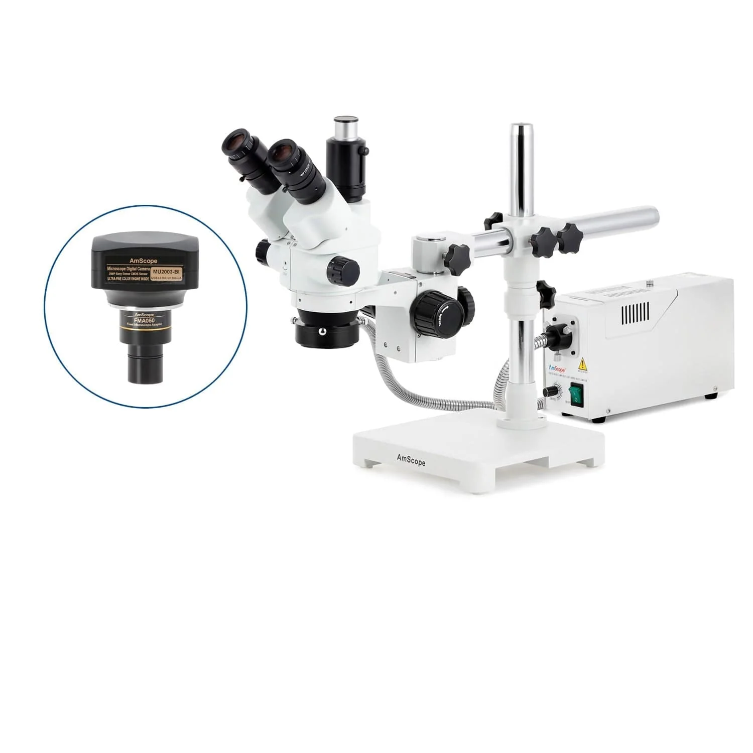 AmScope SM-3 Series Simul-Focal Lockable Zoom Trinocular Stereo Microscope with 150W Halogen Dual Fiber Gooseneck Lights and Optional Digital Camera on Single Arm Boom Stand - Image 6