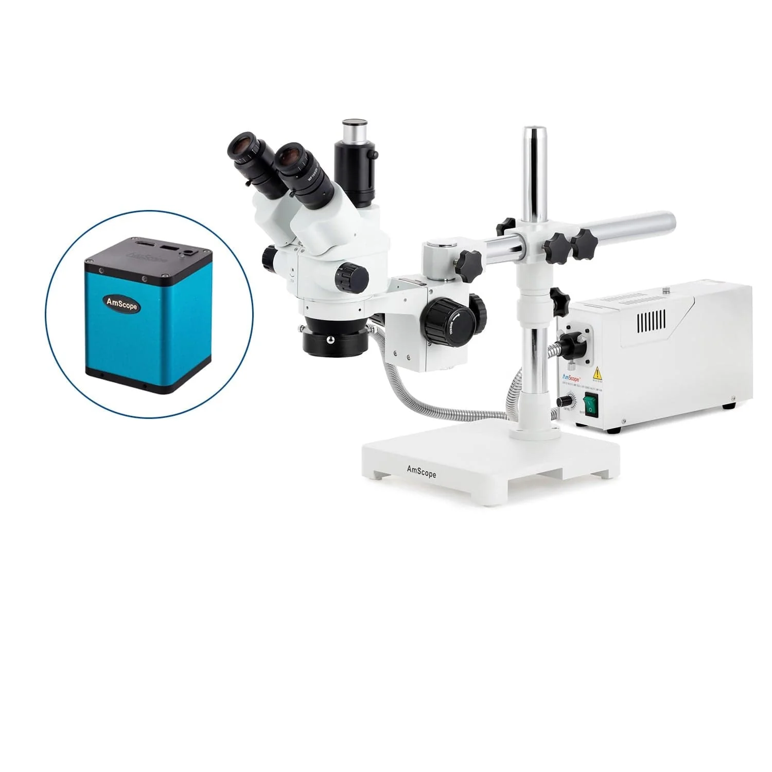 AmScope SM-3 Series Simul-Focal Lockable Zoom Trinocular Stereo Microscope with 150W Halogen Dual Fiber Gooseneck Lights and Auto Focus Camera on Single Arm Boom Stand - Image 3