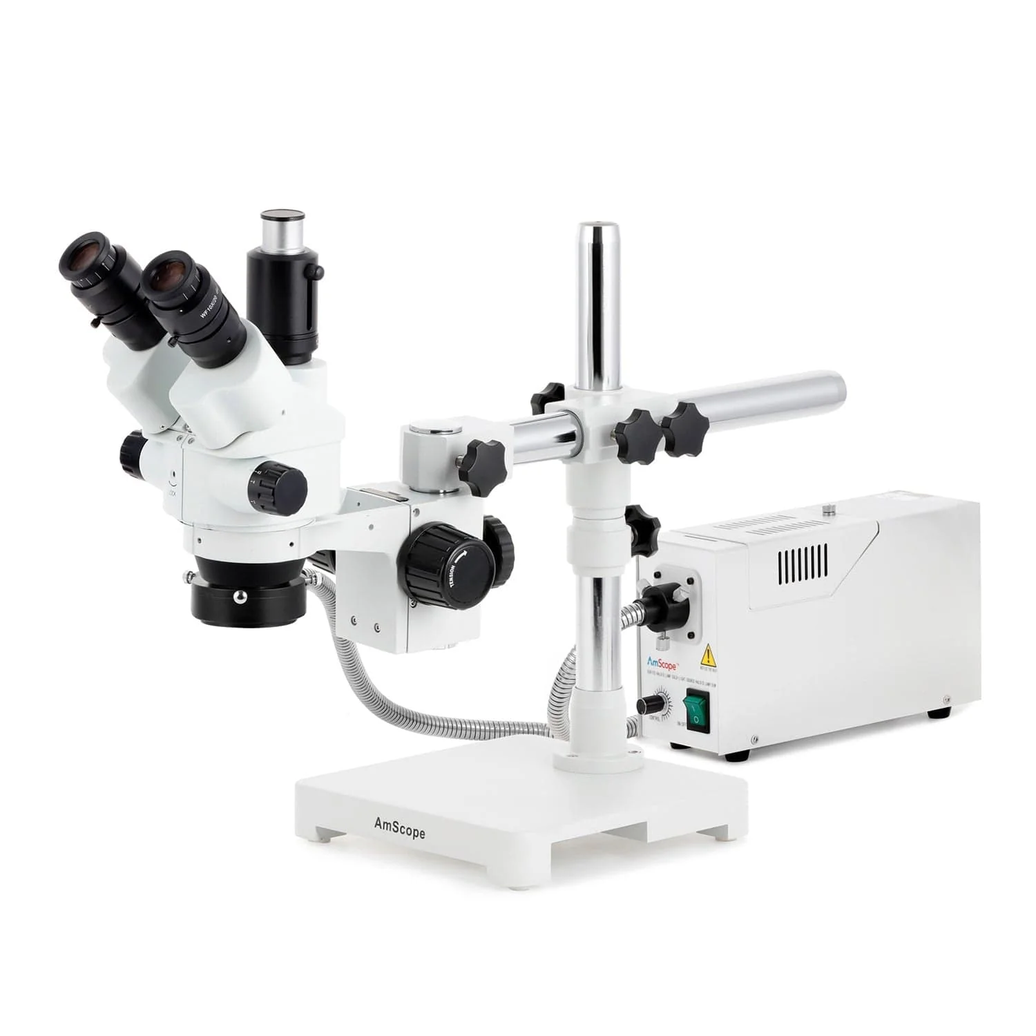 AmScope SM-3 Series Simul-Focal Lockable Zoom Trinocular Stereo Microscope with 150W Halogen Dual Fiber Gooseneck Lights and HDMI Camera on Single Arm Boom Stand - Image 2