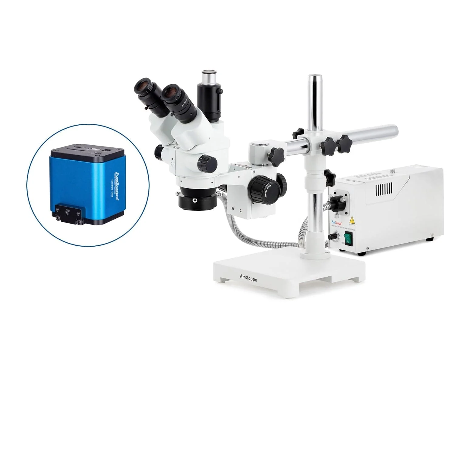 AmScope SM-3 Series Simul-Focal Lockable Zoom Trinocular Stereo Microscope with 150W Halogen Dual Fiber Gooseneck Lights and HDMI Camera on Single Arm Boom Stand - Image 7
