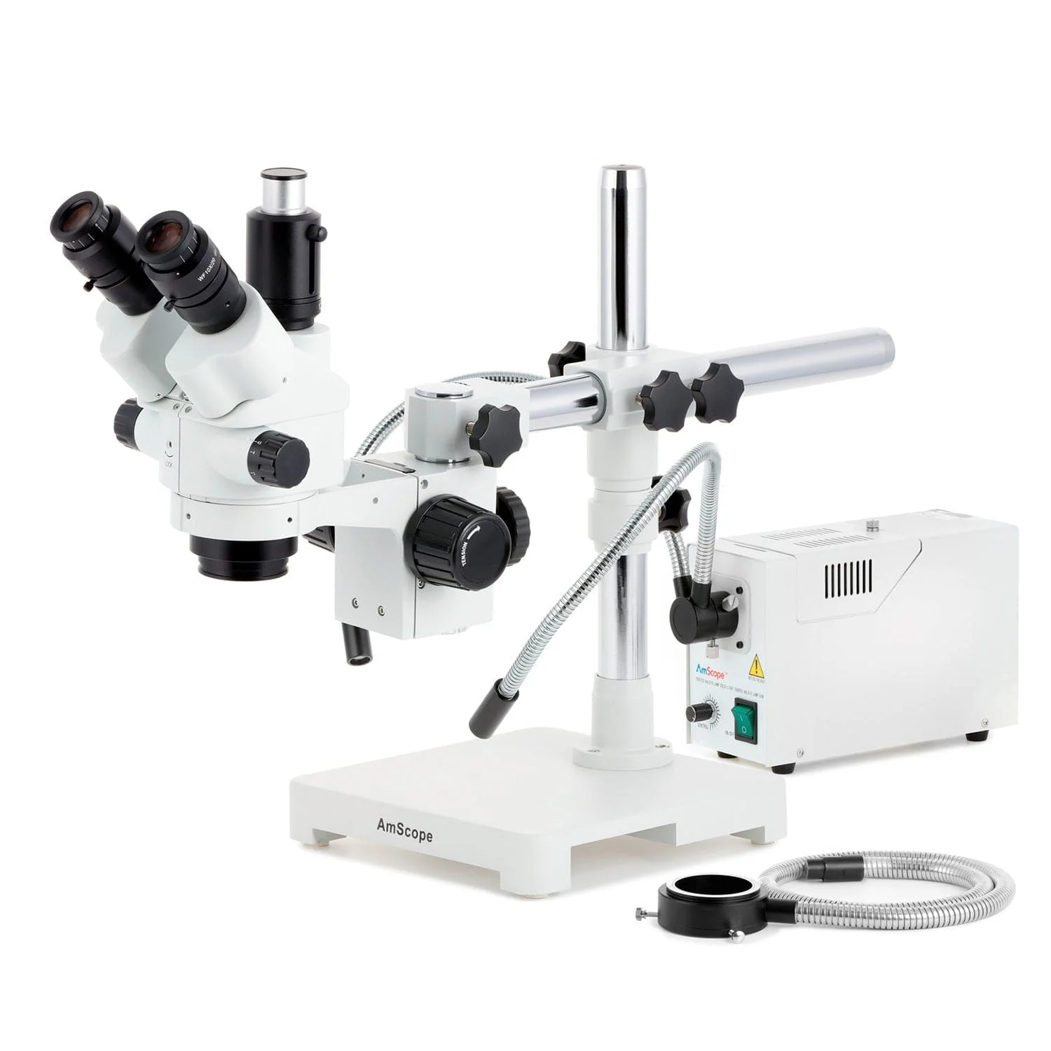 AmScope SM-3 Series Simul-Focal Lockable Zoom Trinocular Stereo Microscope with 150W Halogen Dual Gooseneck & Ring Lights and Optional Digital Camera on Single Arm Boom Stand