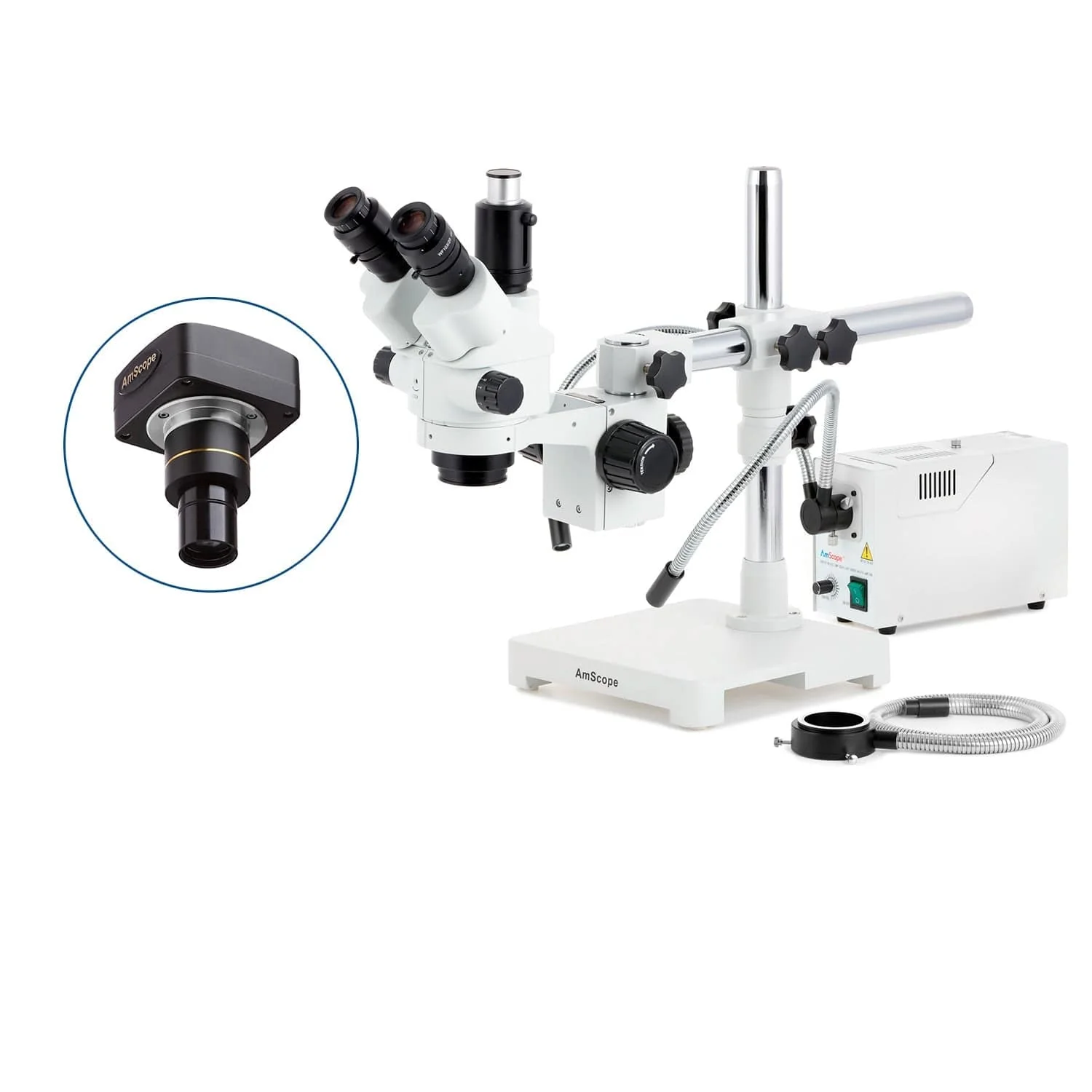 AmScope SM-3 Series Simul-Focal Lockable Zoom Trinocular Stereo Microscope with 150W Halogen Dual Gooseneck & Ring Lights and Optional Digital Camera on Single Arm Boom Stand - Image 2