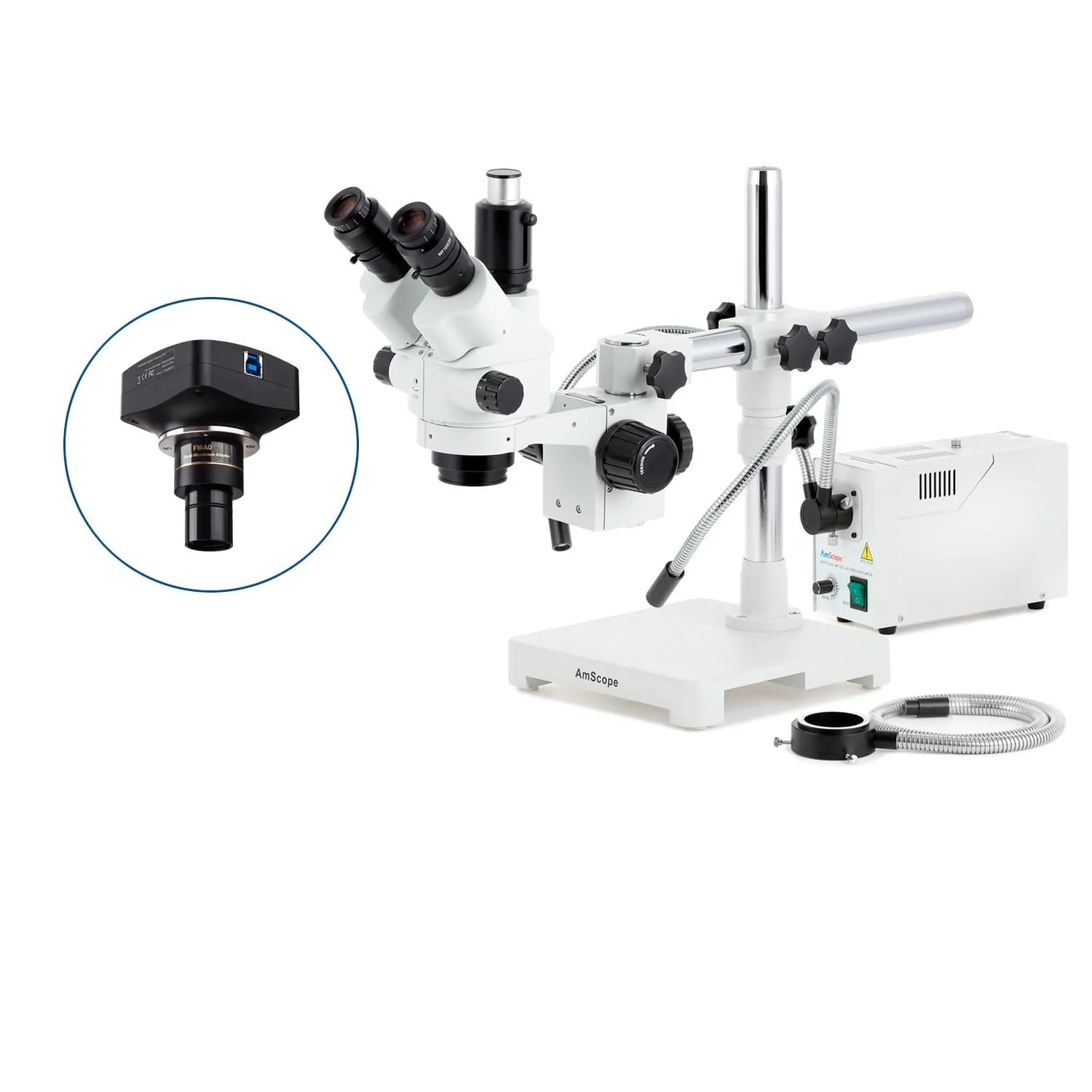 AmScope SM-3 Series Simul-Focal Lockable Zoom Trinocular Stereo Microscope with 150W Halogen Dual Gooseneck & Ring Lights and Optional Digital Camera on Single Arm Boom Stand - Image 4