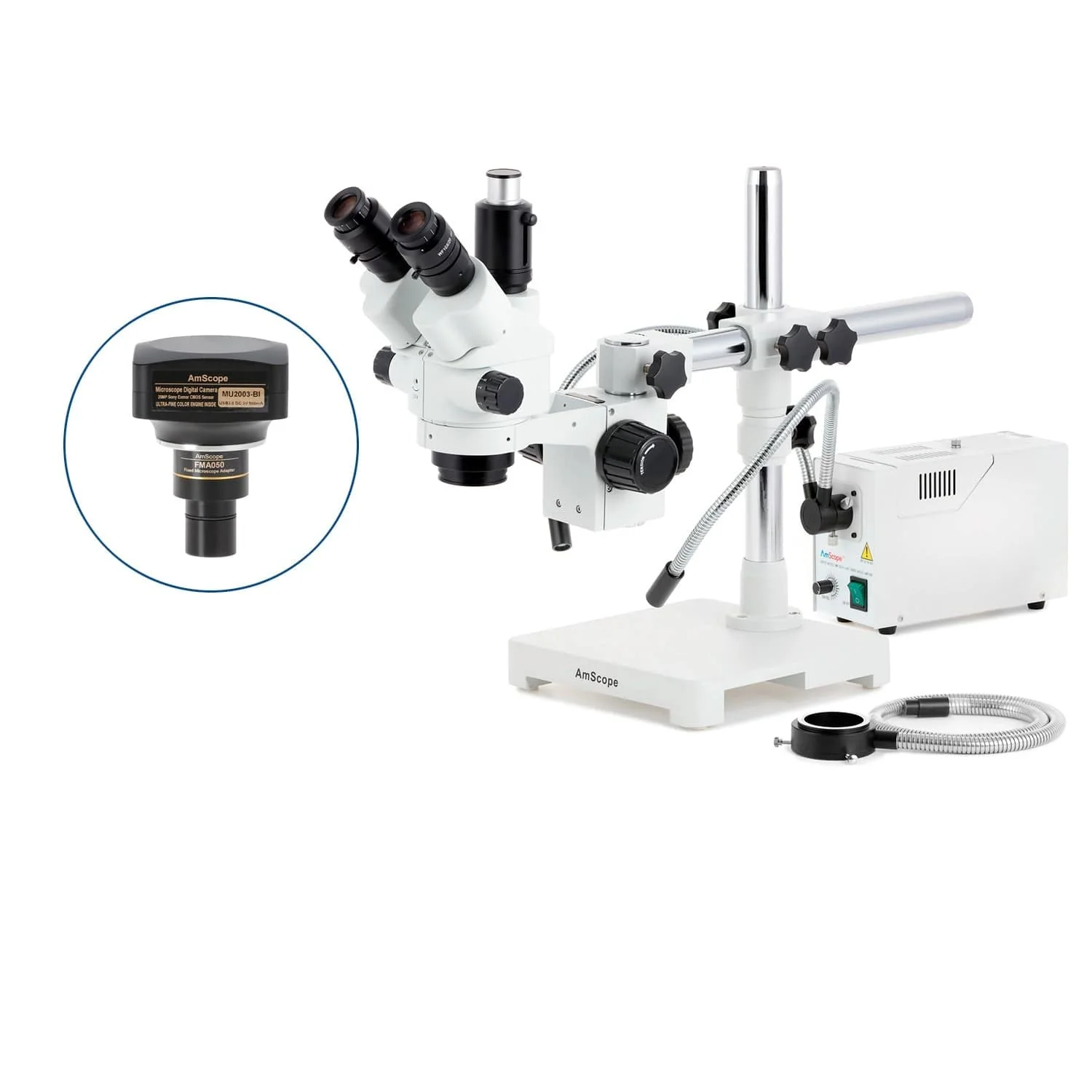 AmScope SM-3 Series Simul-Focal Lockable Zoom Trinocular Stereo Microscope with 150W Halogen Dual Gooseneck & Ring Lights and Optional Digital Camera on Single Arm Boom Stand - Image 6