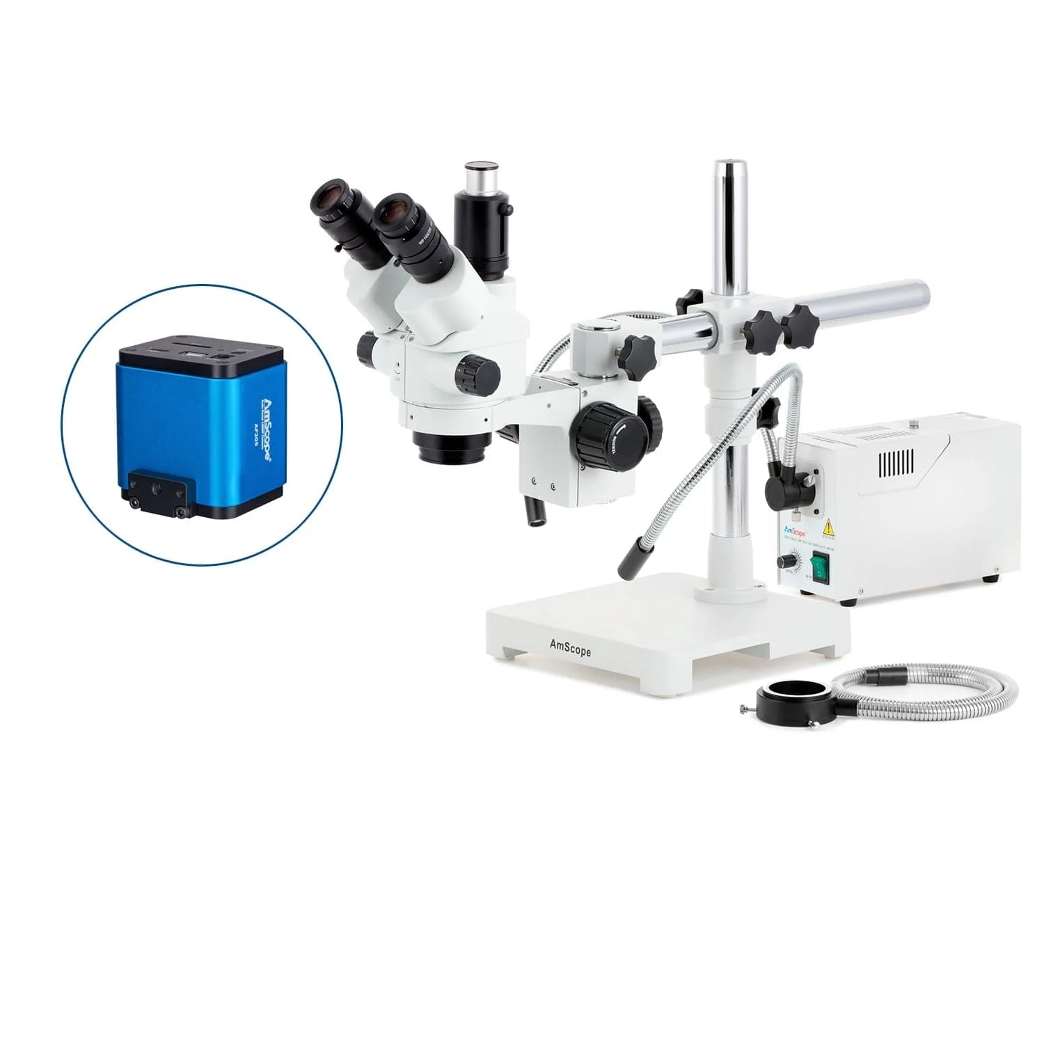 AmScope SM-3 Series Simul-Focal Lockable Zoom Trinocular Stereo Microscope with 150W Halogen Dual Gooseneck & Ring Lights and Auto Focus Camera on Single Arm Boom Stand - Image 7