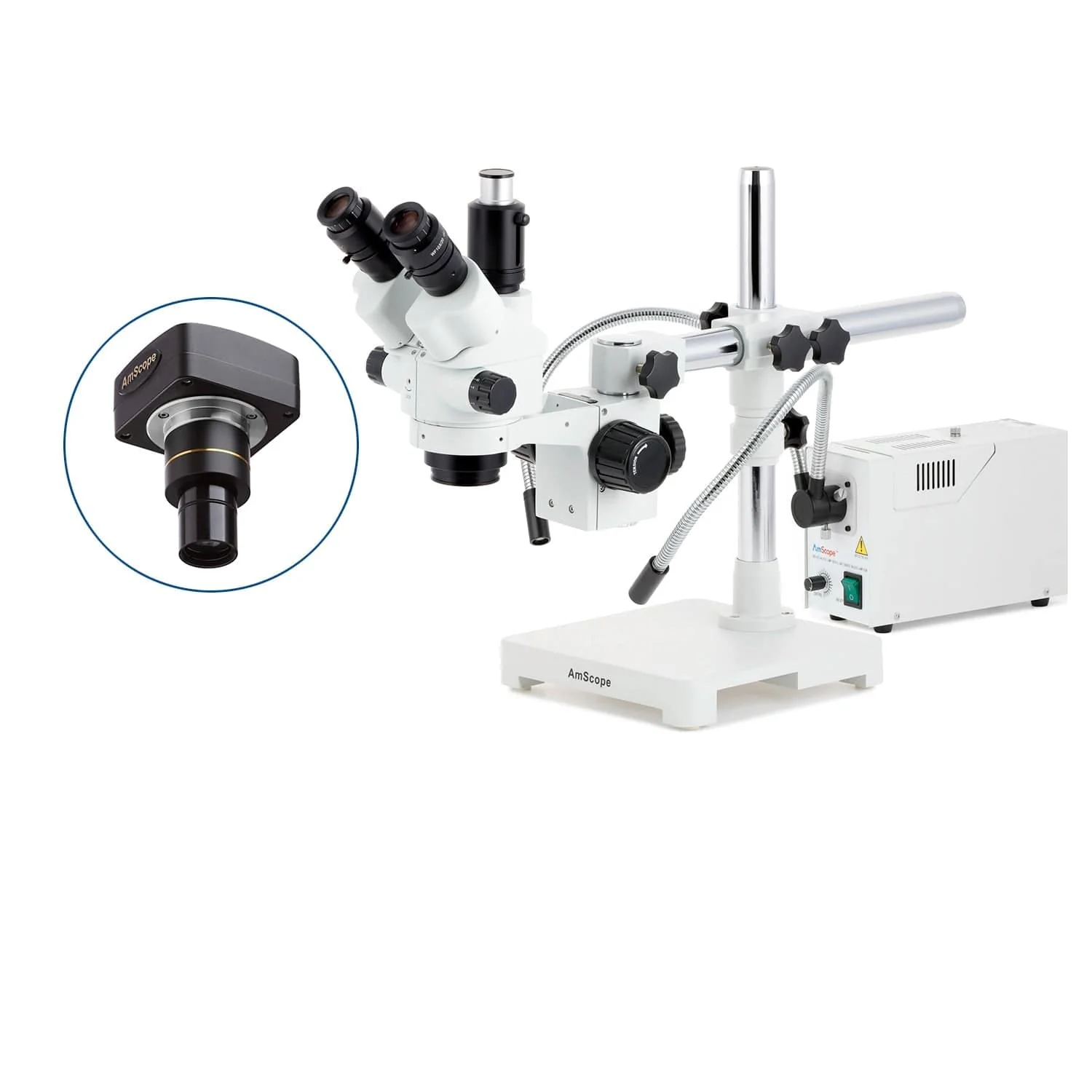 AmScope SM-3 Series Simul-Focal Lockable Zoom Trinocular Stereo Microscope with 150W Halogen Ring Light and Optional Digital Camera on Single Arm Boom Stand - Image 2