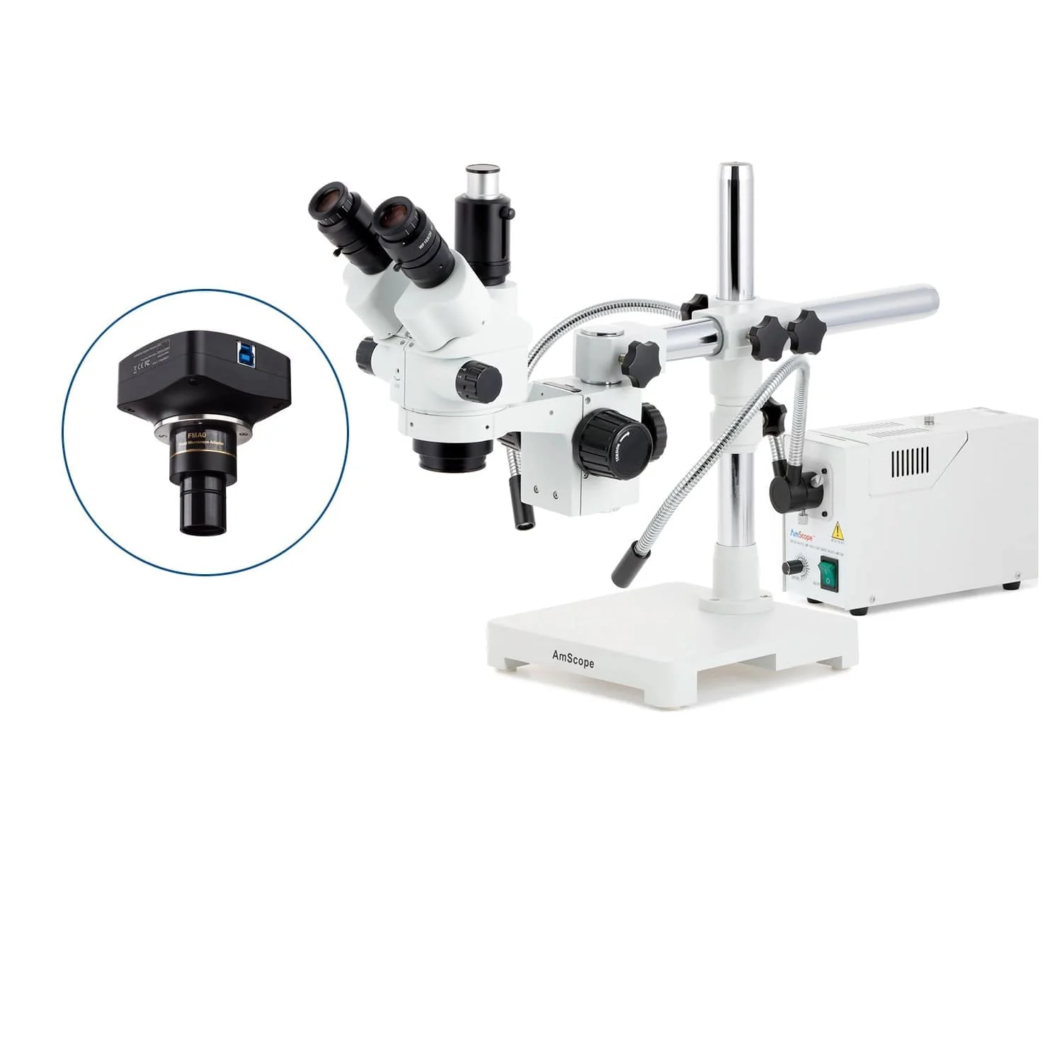 AmScope SM-3 Series Simul-Focal Lockable Zoom Trinocular Stereo Microscope with 150W Halogen Ring Light and Optional Digital Camera on Single Arm Boom Stand - Image 4
