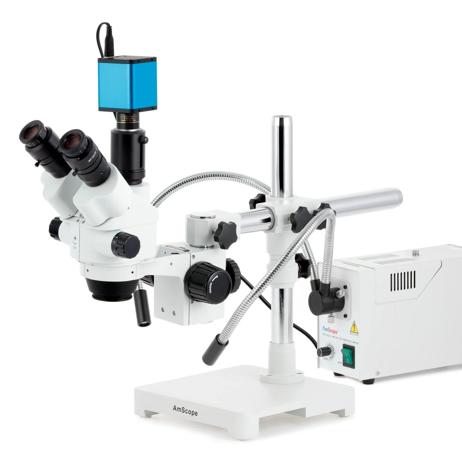 AmScope SM-3 Series Simul-Focal Lockable Zoom Trinocular Stereo Microscope with 150W Halogen Ring Light and Auto Focus Camera on Single Arm Boom Stand