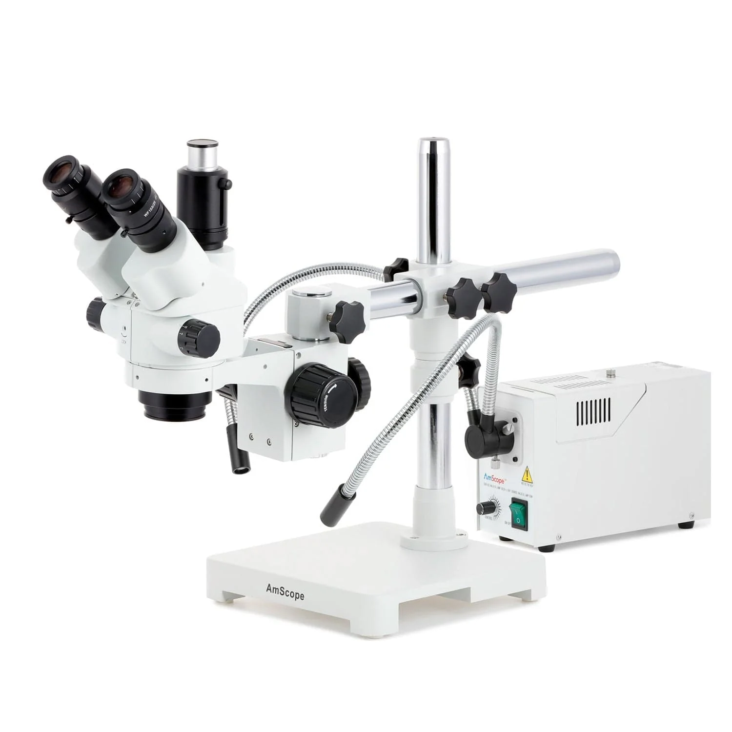 AmScope SM-3 Series Simul-Focal Lockable Zoom Trinocular Stereo Microscope with 150W Halogen Ring Light and Auto Focus Camera on Single Arm Boom Stand - Image 2