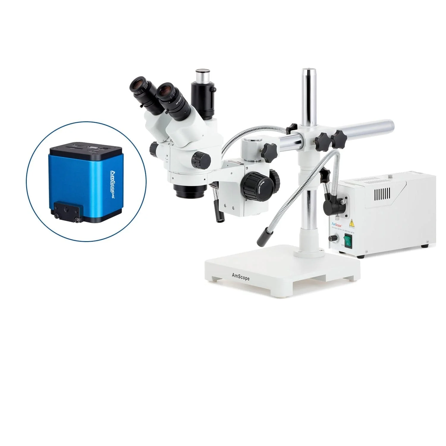 AmScope SM-3 Series Simul-Focal Lockable Zoom Trinocular Stereo Microscope with 150W Halogen Ring Light and HDMI Camera on Single Arm Boom Stand - Image 9