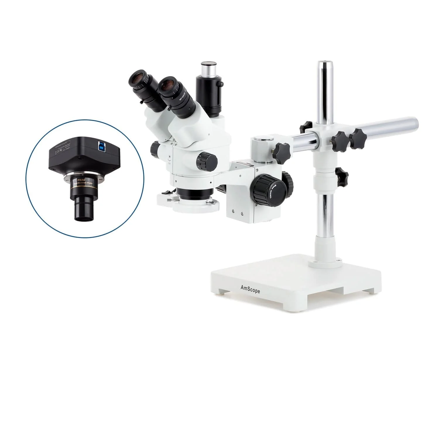 AmScope SM-3 Series Simul-Focal Lockable Zoom Trinocular Stereo Microscope with 8W Fluorescent Ring Light and Optional Digital Camera on Single Arm Boom Stand - Image 4