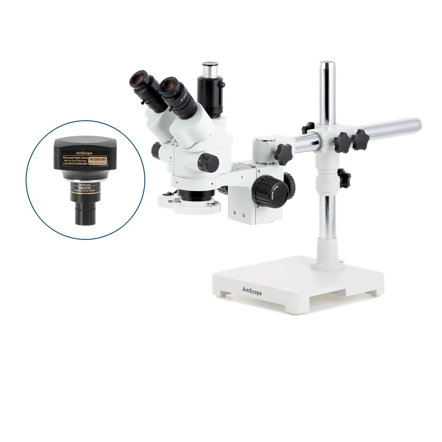 AmScope SM-3 Series Simul-Focal Lockable Zoom Trinocular Stereo Microscope with 8W Fluorescent Ring Light and Optional Digital Camera on Single Arm Boom Stand - Image 6