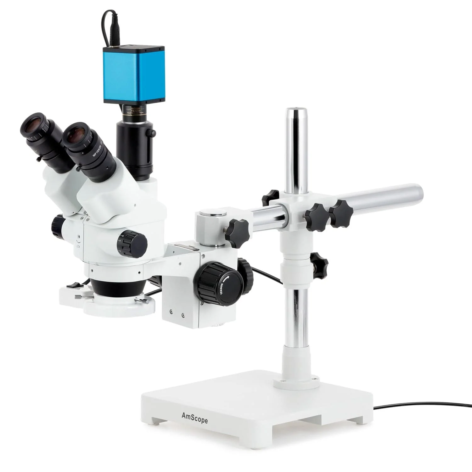 AmScope SM-3 Series Simul-Focal Lockable Zoom Trinocular Stereo Microscope with 8W Fluorescent Ring Light and Auto Focus Camera on Single Arm Boom Stand