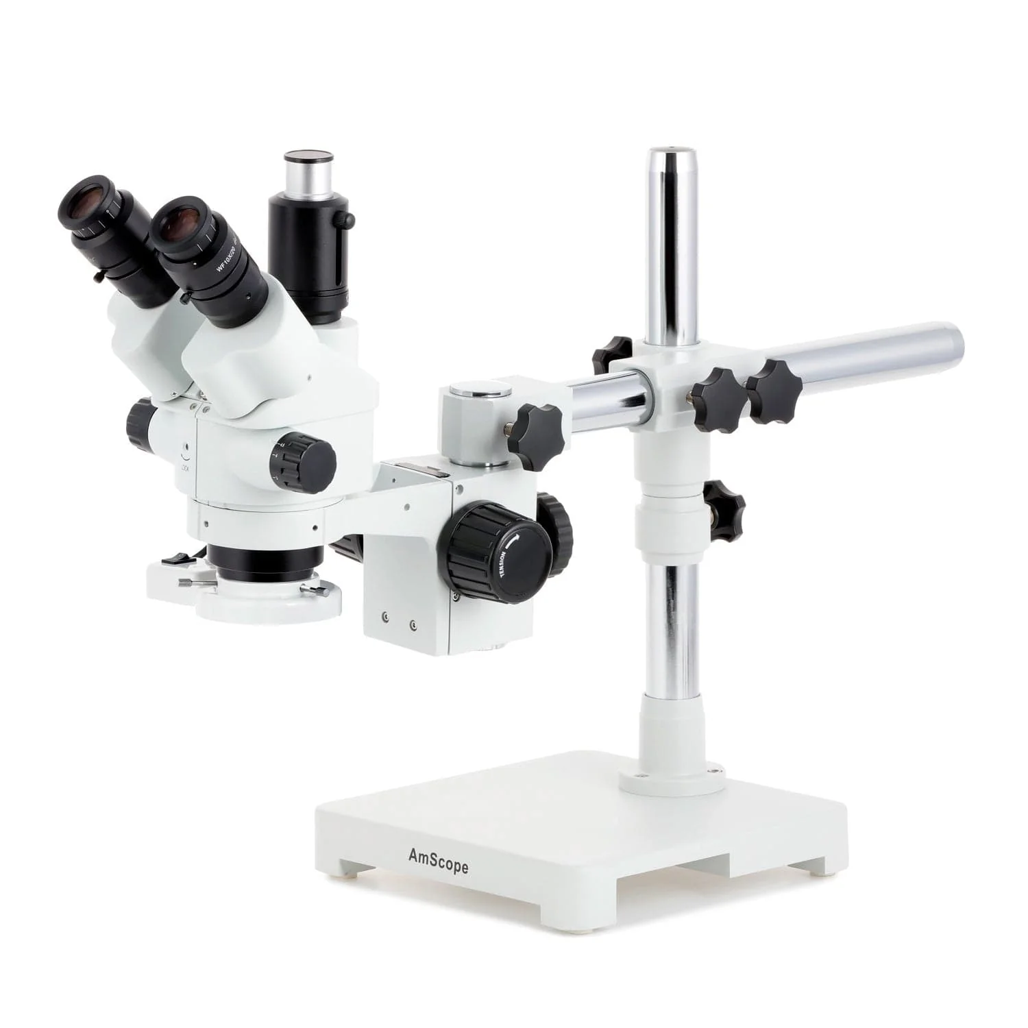 AmScope SM-3 Series Simul-Focal Lockable Zoom Trinocular Stereo Microscope with 8W Fluorescent Ring Light and Auto Focus Camera on Single Arm Boom Stand - Image 2