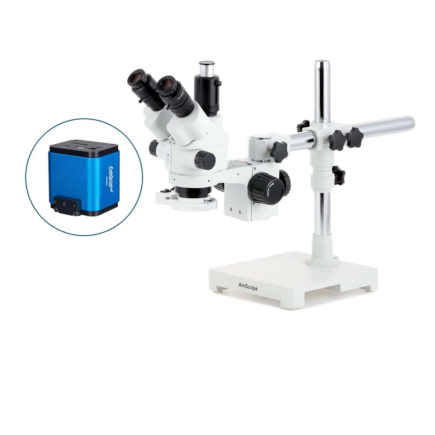 AmScope SM-3 Series Simul-Focal Lockable Zoom Trinocular Stereo Microscope with 8W Fluorescent Ring Light and Auto Focus Camera on Single Arm Boom Stand - Image 7