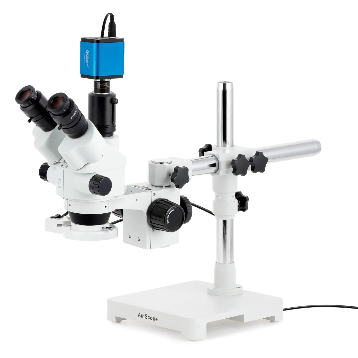 AmScope SM-3 Series Simul-Focal Lockable Zoom Trinocular Stereo Microscope with 8W Fluorescent Ring Light and HDMI Camera on Single Arm Boom Stand