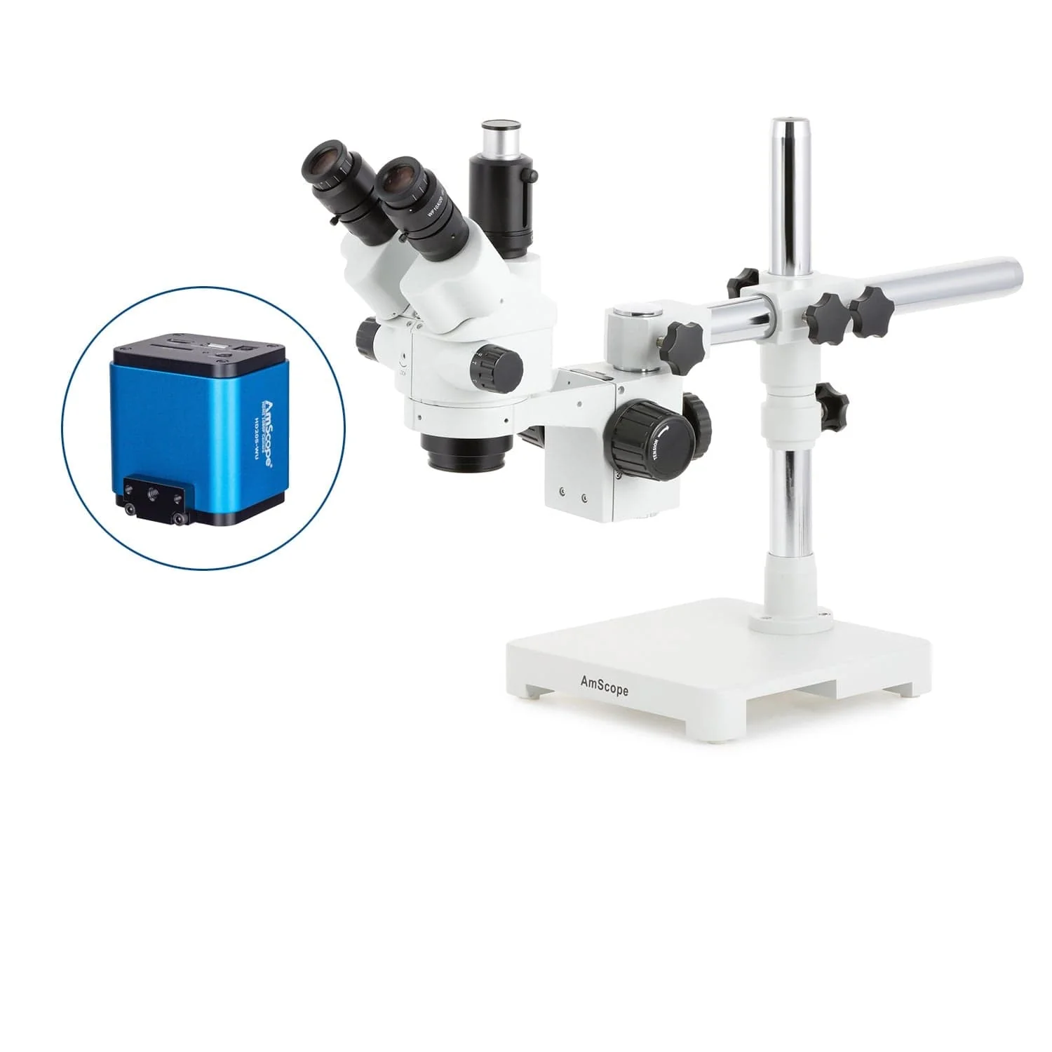 AmScope SM-3 Series Simul-Focal Lockable Zoom Trinocular Stereo Microscope with HDMI Camera on Single Arm Boom Stand - Image 7