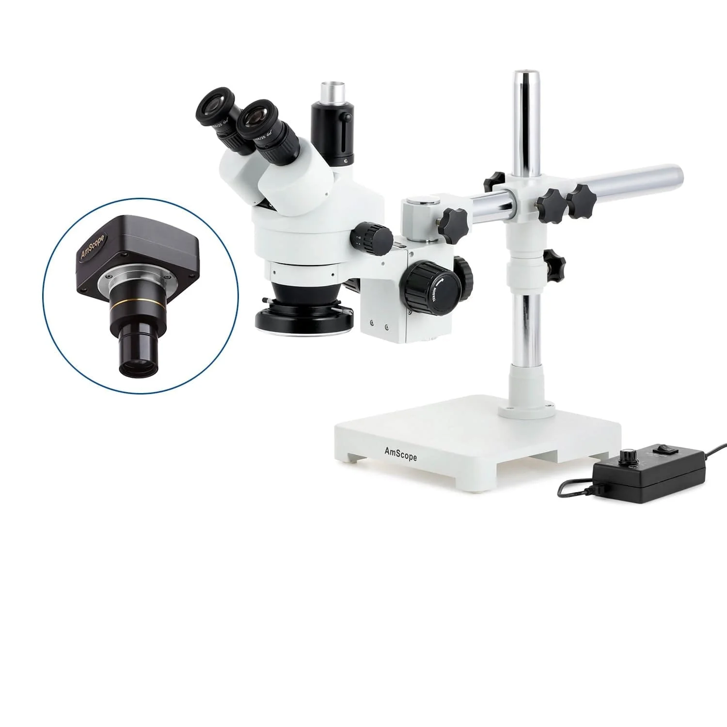 AmScope SM-3 Series Zoom Trinocular Stereo Microscope with 144 LED Ring Light and Optional Digital Camera on Single Arm Boom Stand - Image 2