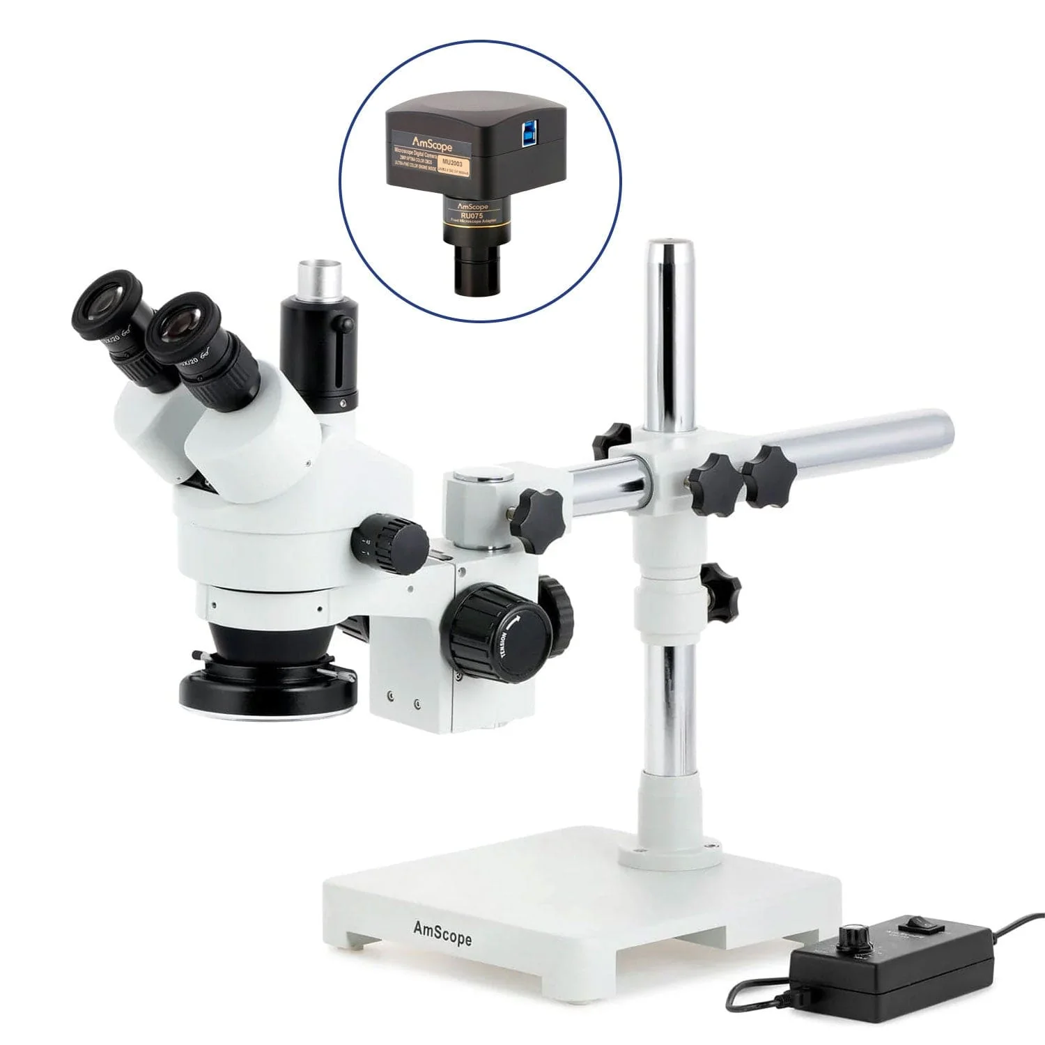 AmScope SM-3 Series Zoom Trinocular Stereo Microscope with 144 LED Ring Light and Optional Digital Camera on Single Arm Boom Stand - Image 8