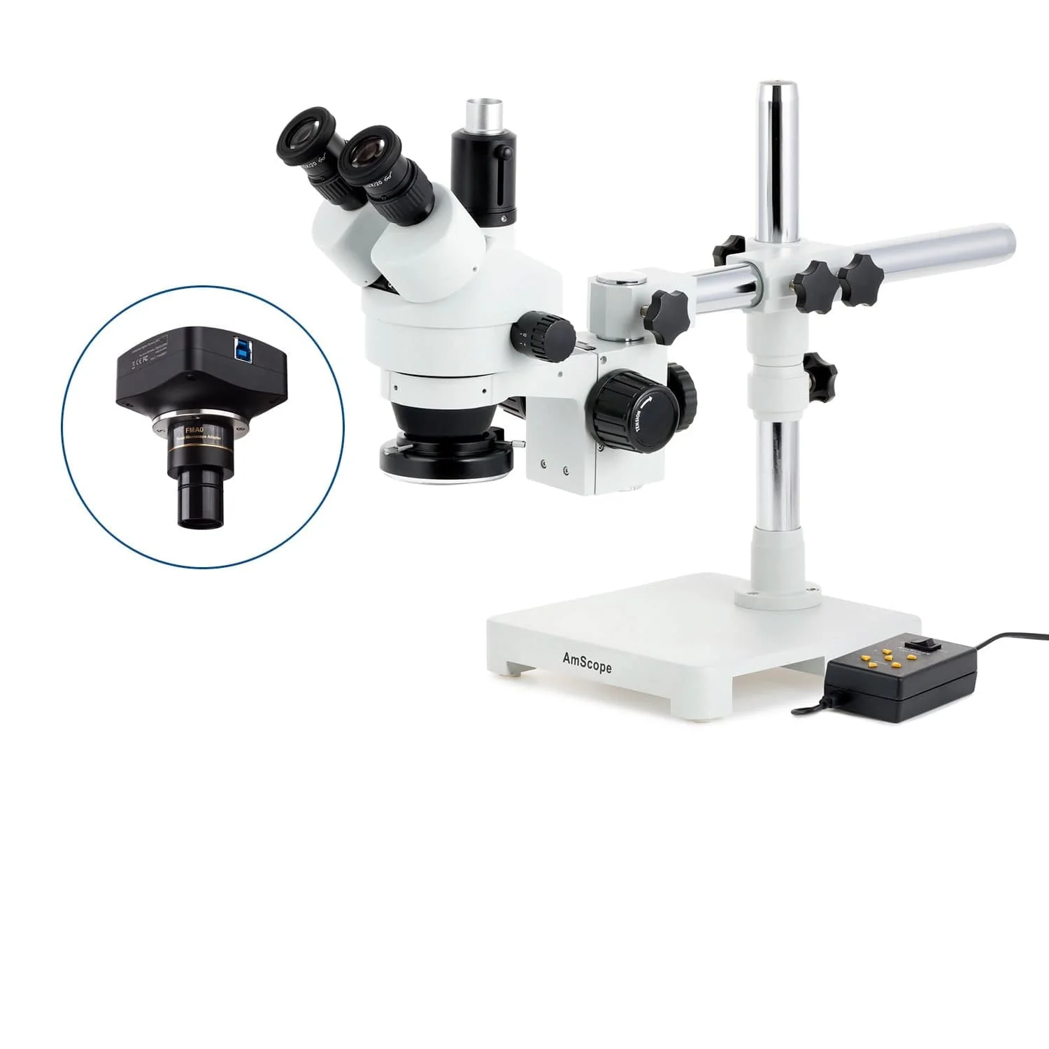 AmScope SM-3 Series Zoom Trinocular Stereo Microscope with Multi-Zone 144 LED and Optional Digital Camera on Single Arm Boom Stand - Image 4
