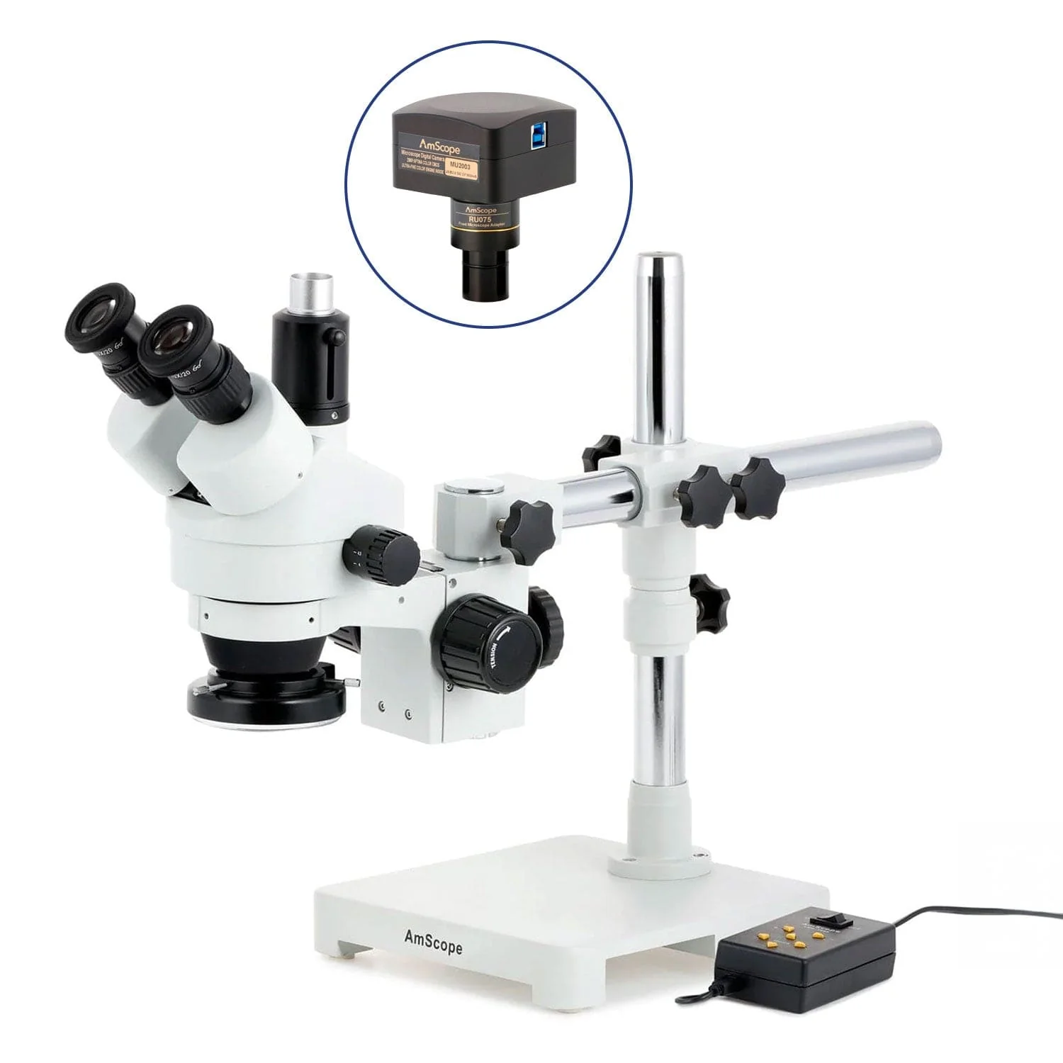 AmScope SM-3 Series Zoom Trinocular Stereo Microscope with Multi-Zone 144 LED and Optional Digital Camera on Single Arm Boom Stand - Image 8