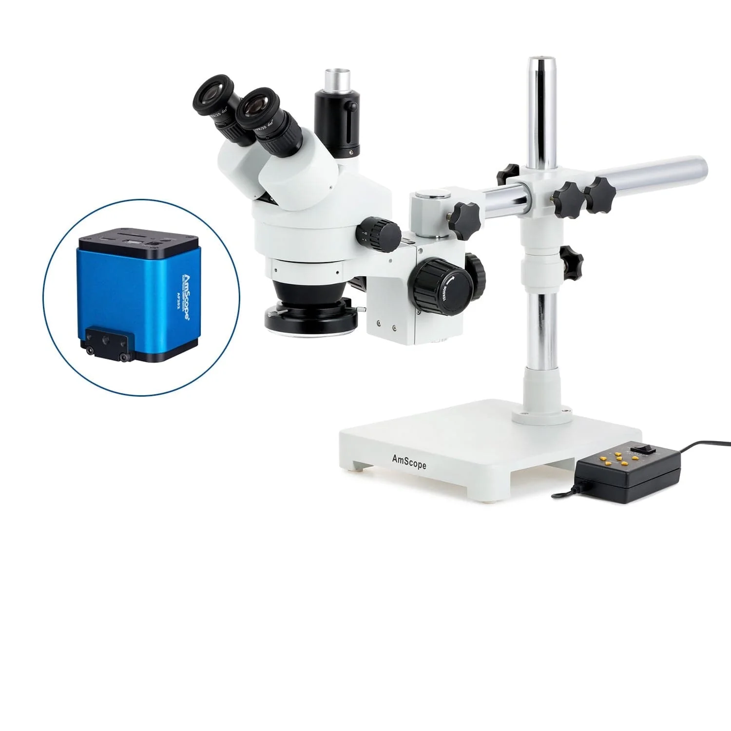 AmScope SM-3 Series Zoom Trinocular Stereo Microscope with Multi-Zone 144 LED and Auto Focus Camera on Single Arm Boom Stand - Image 5