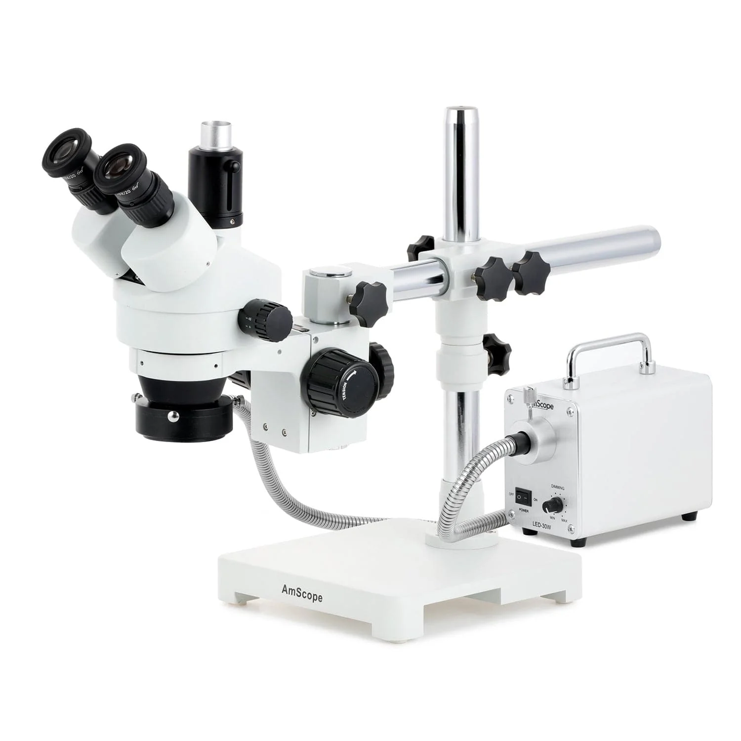 AmScope SM-3 Series Zoom Trinocular Stereo Microscope with 30W LED Fiber Optic Ring Light and Auto Focus Camera on Single Arm Boom Stand - Image 2