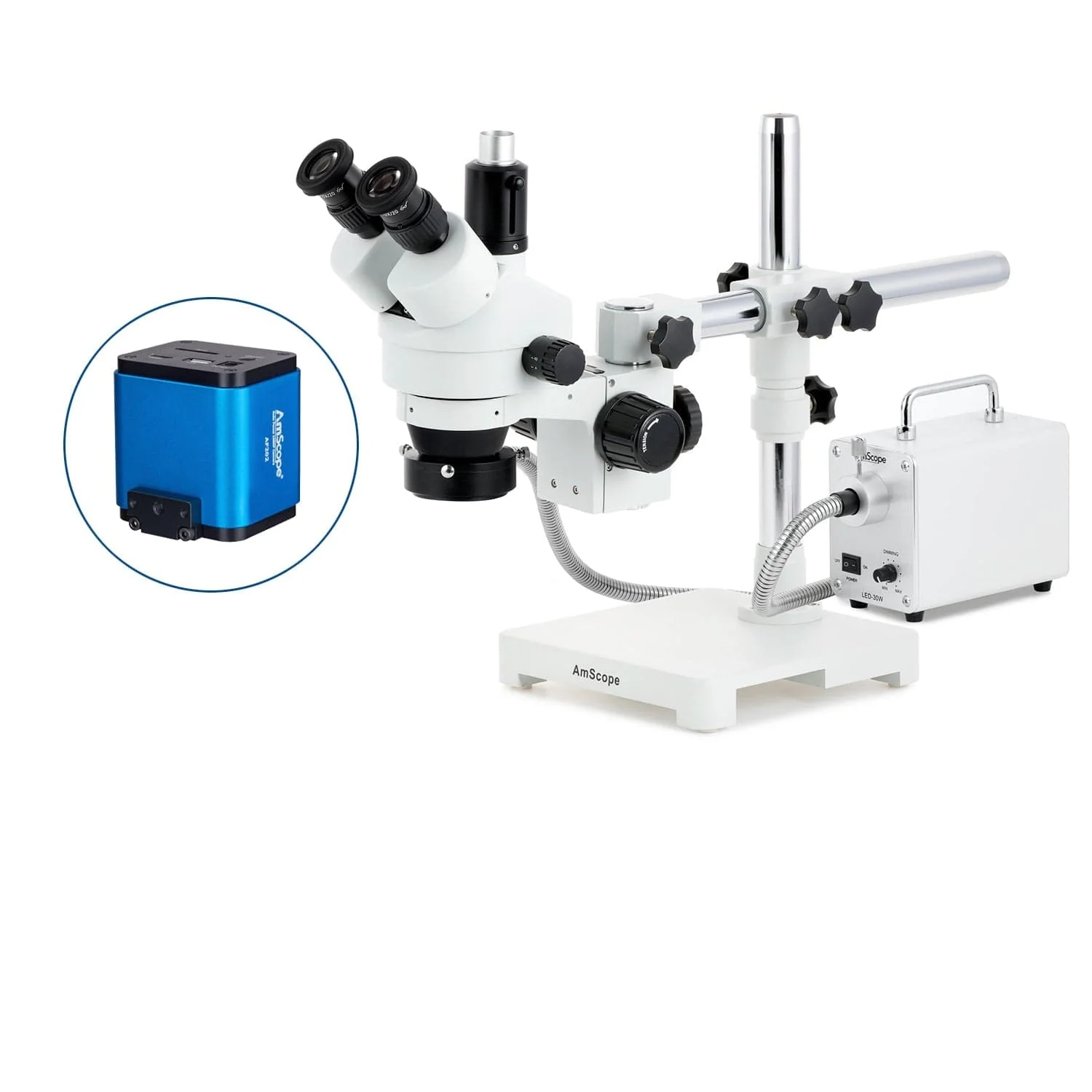 AmScope SM-3 Series Zoom Trinocular Stereo Microscope with 30W LED Fiber Optic Ring Light and Auto Focus Camera on Single Arm Boom Stand - Image 5