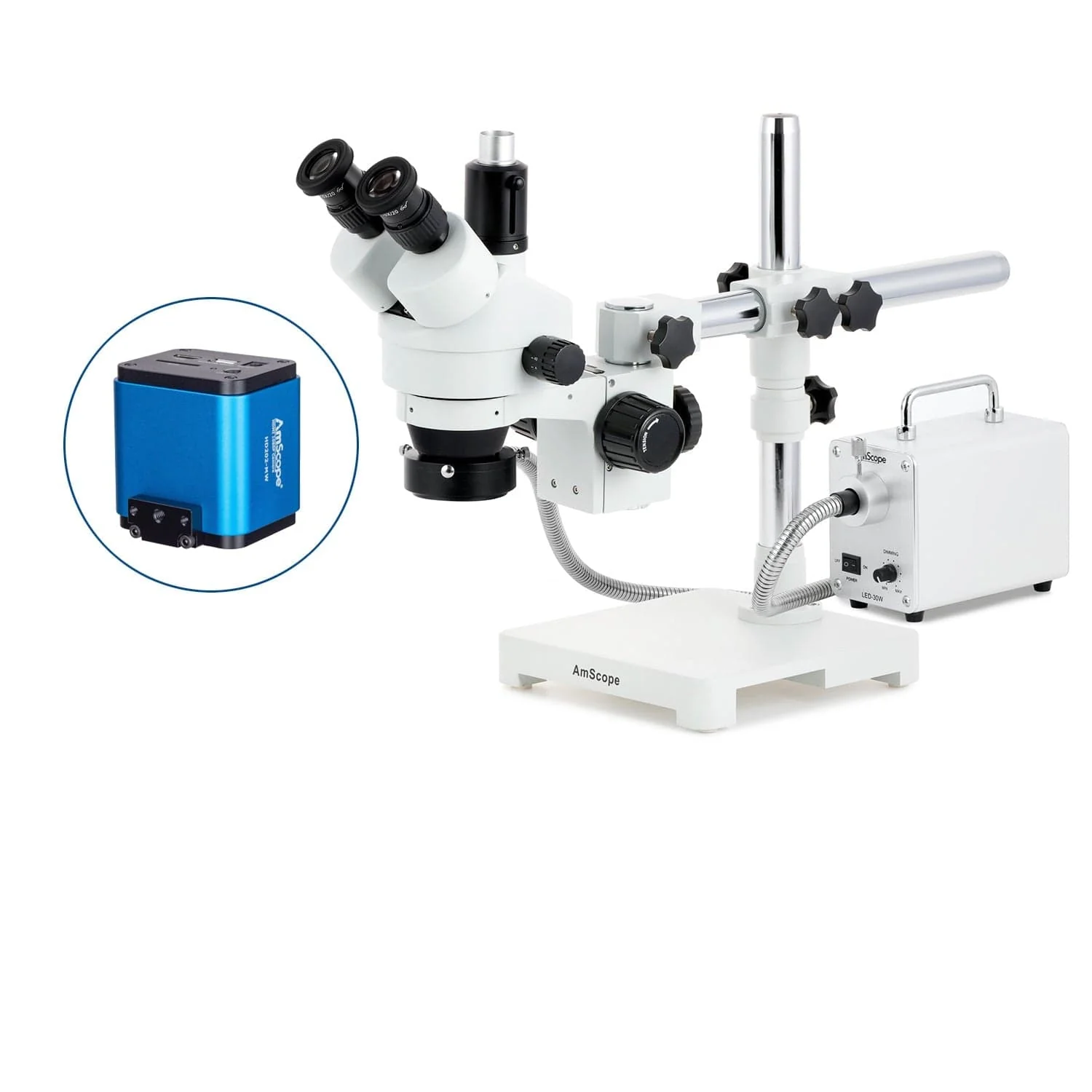 AmScope SM-3 Series Zoom Trinocular Stereo Microscope with 30W LED Fiber Optic Ring Light and HDMI Camera on Single Arm Boom Stand - Image 5