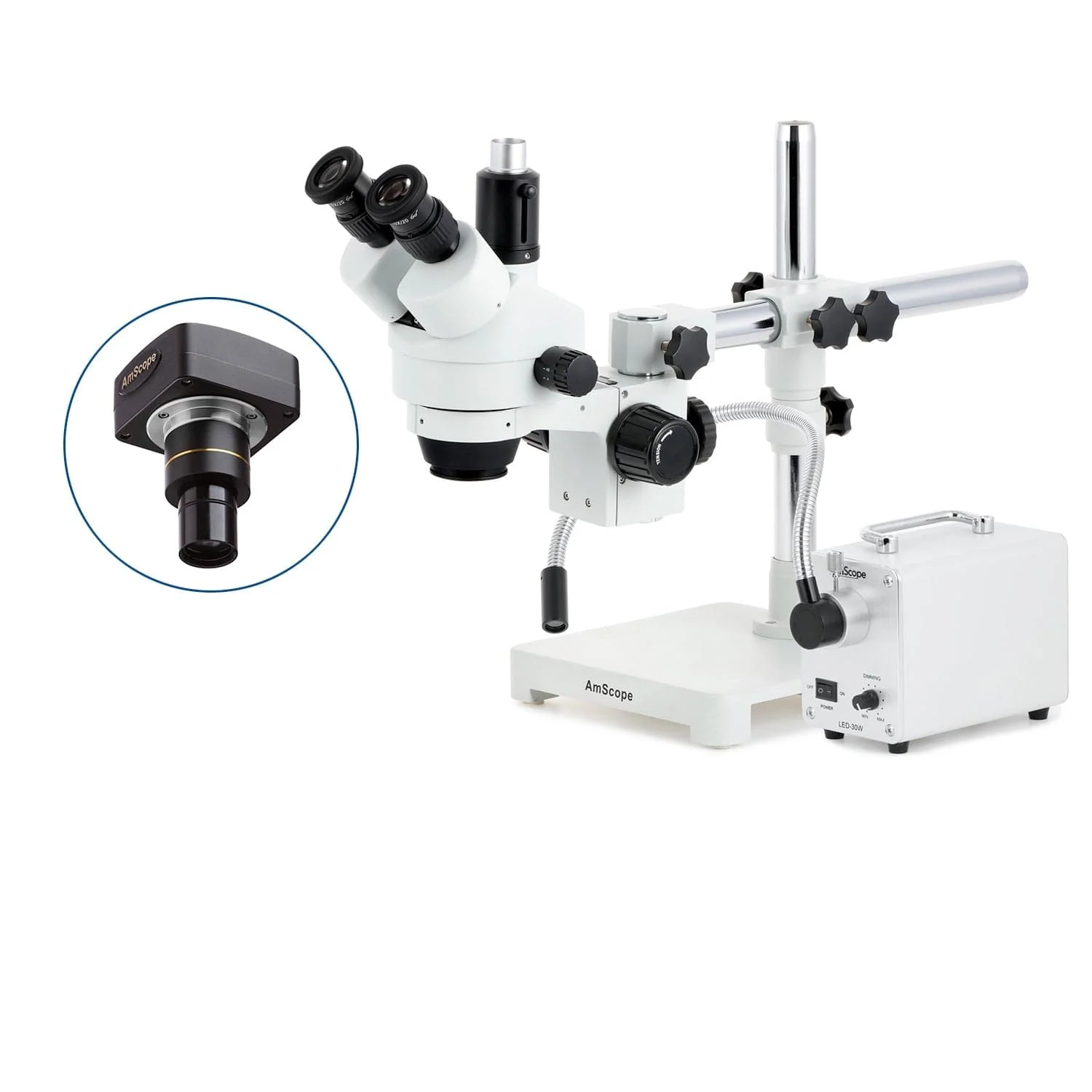 AmScope SM-3 Series Zoom Trinocular Stereo Microscope with 30W LED Single Fiber Optic Gooseneck Light and Optional Digital Camera on Single Arm Boom Stand - Image 2