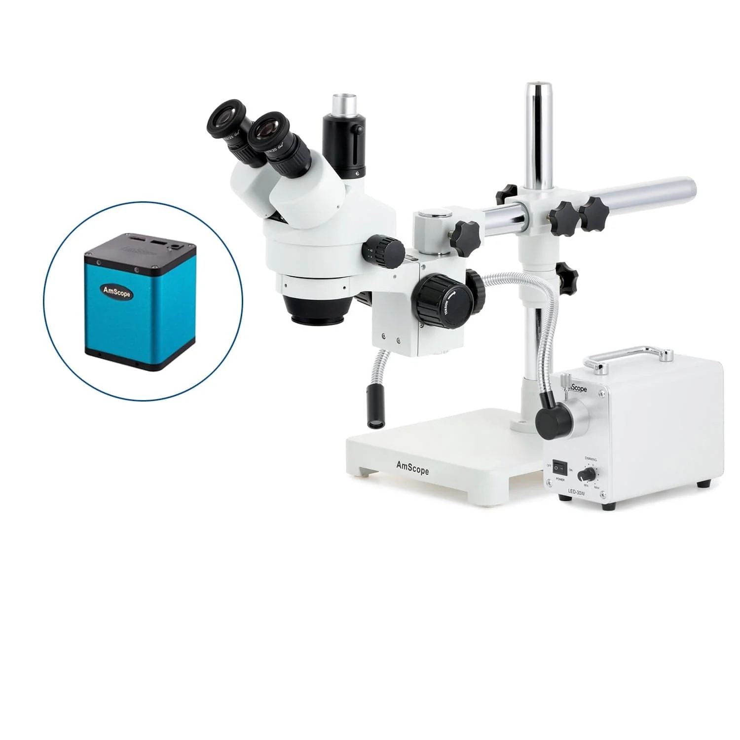 AmScope SM-3 Series Zoom Trinocular Stereo Microscope with 30W LED Single Fiber Optic Gooseneck Light and Auto Focus Camera on Single Arm Boom Stand - Image 3