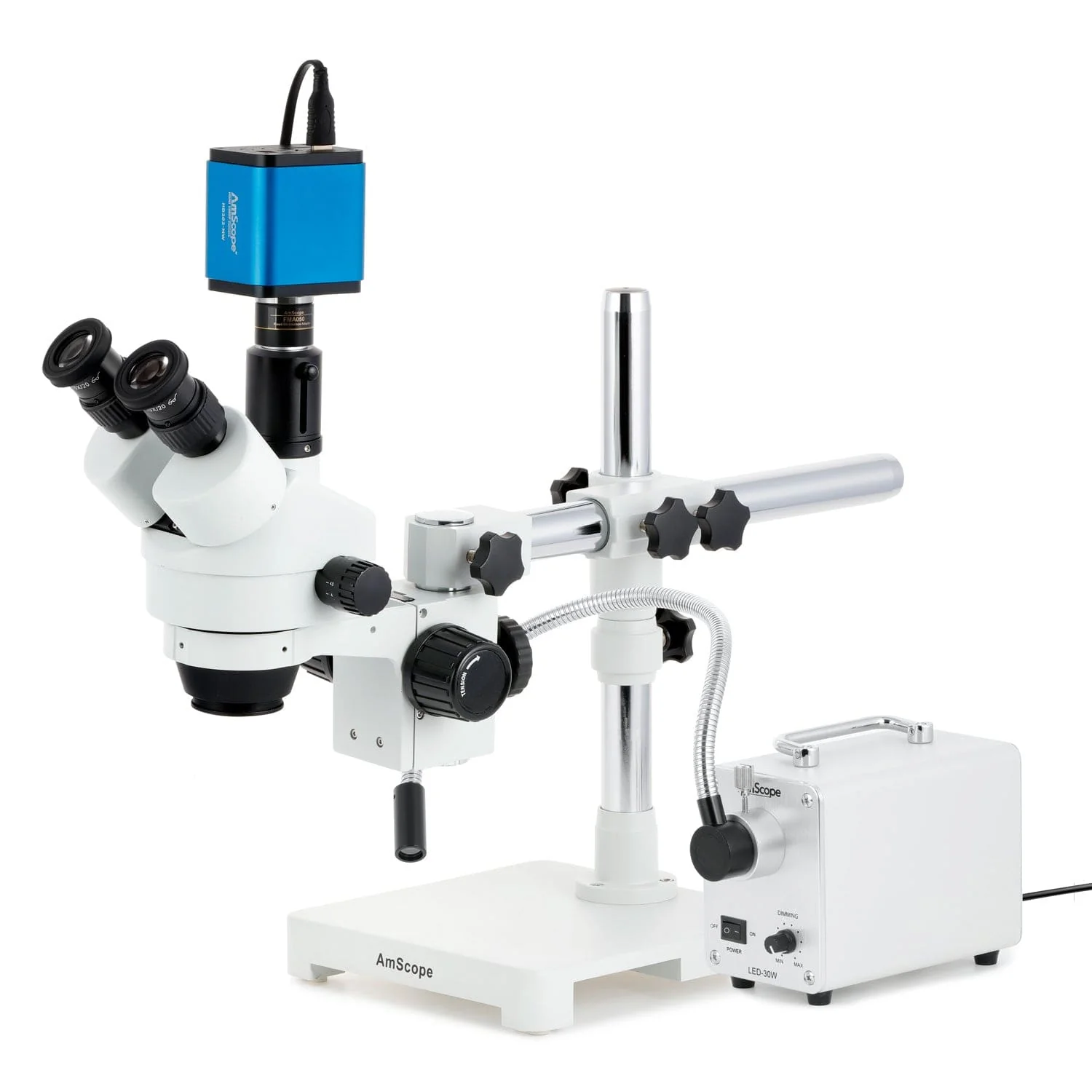 AmScope SM-3 Series Zoom Trinocular Stereo Microscope with 30W LED Single Fiber Optic Gooseneck Light and HDMI Camera on Single Arm Boom Stand