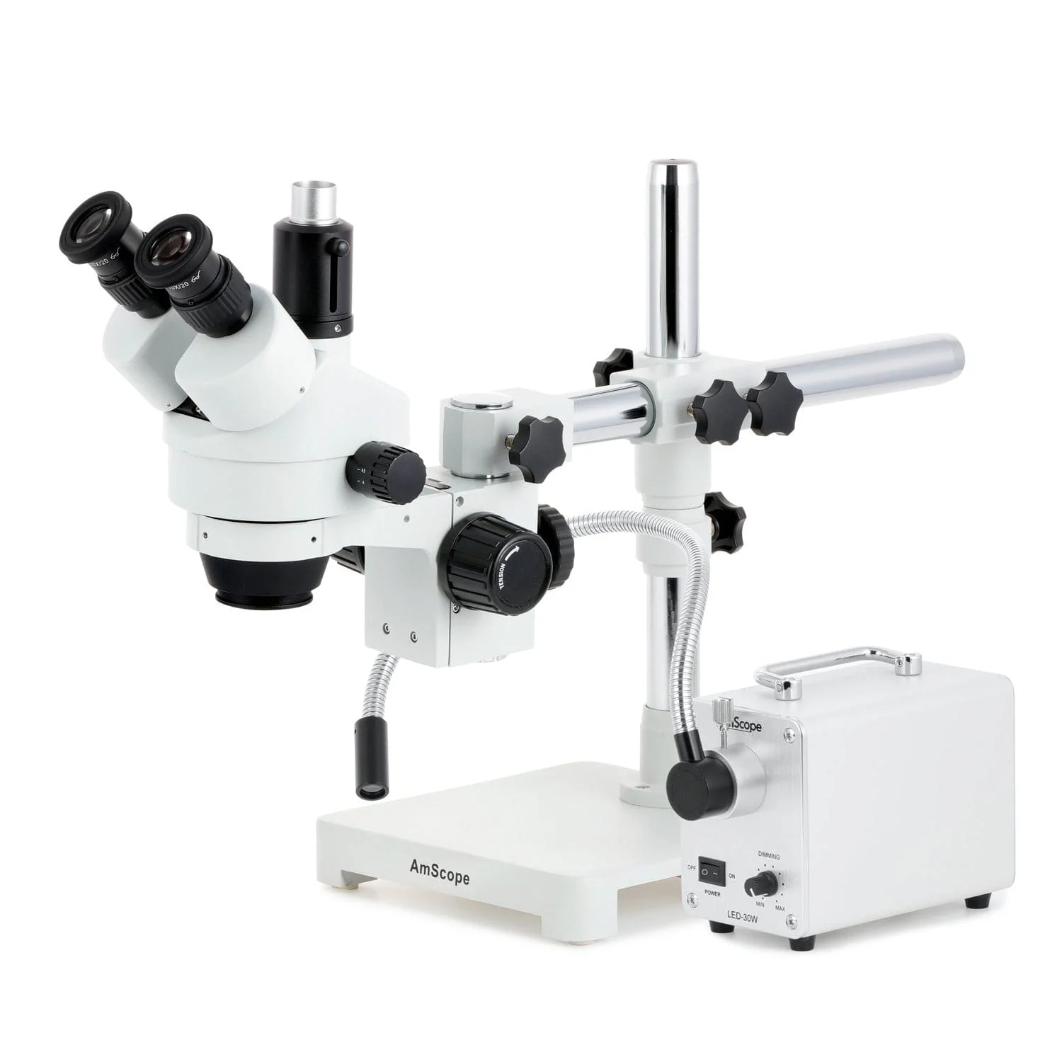 AmScope SM-3 Series Zoom Trinocular Stereo Microscope with 30W LED Single Fiber Optic Gooseneck Light and HDMI Camera on Single Arm Boom Stand - Image 2
