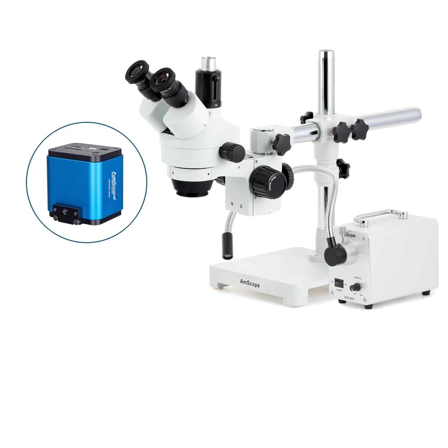 AmScope SM-3 Series Zoom Trinocular Stereo Microscope with 30W LED Single Fiber Optic Gooseneck Light and HDMI Camera on Single Arm Boom Stand - Image 5