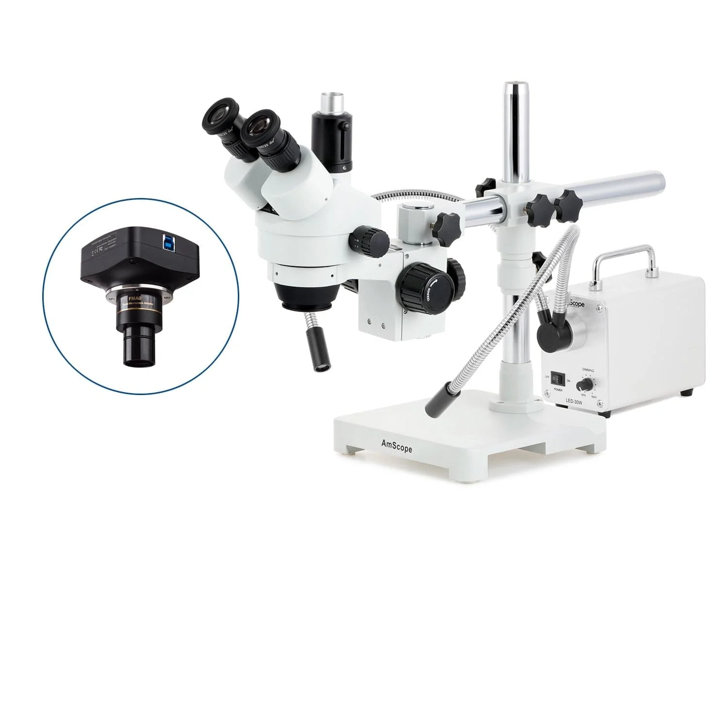 AmScope SM-3 Series Zoom Trinocular Stereo Microscope with 30W LED Dual Gooseneck Fiber Optic Lights and Optional Digital Camera on Single Arm Boom Stand - Image 4