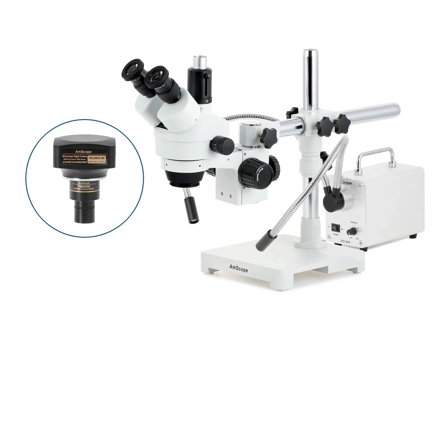 AmScope SM-3 Series Zoom Trinocular Stereo Microscope with 30W LED Dual Gooseneck Fiber Optic Lights and Optional Digital Camera on Single Arm Boom Stand - Image 6