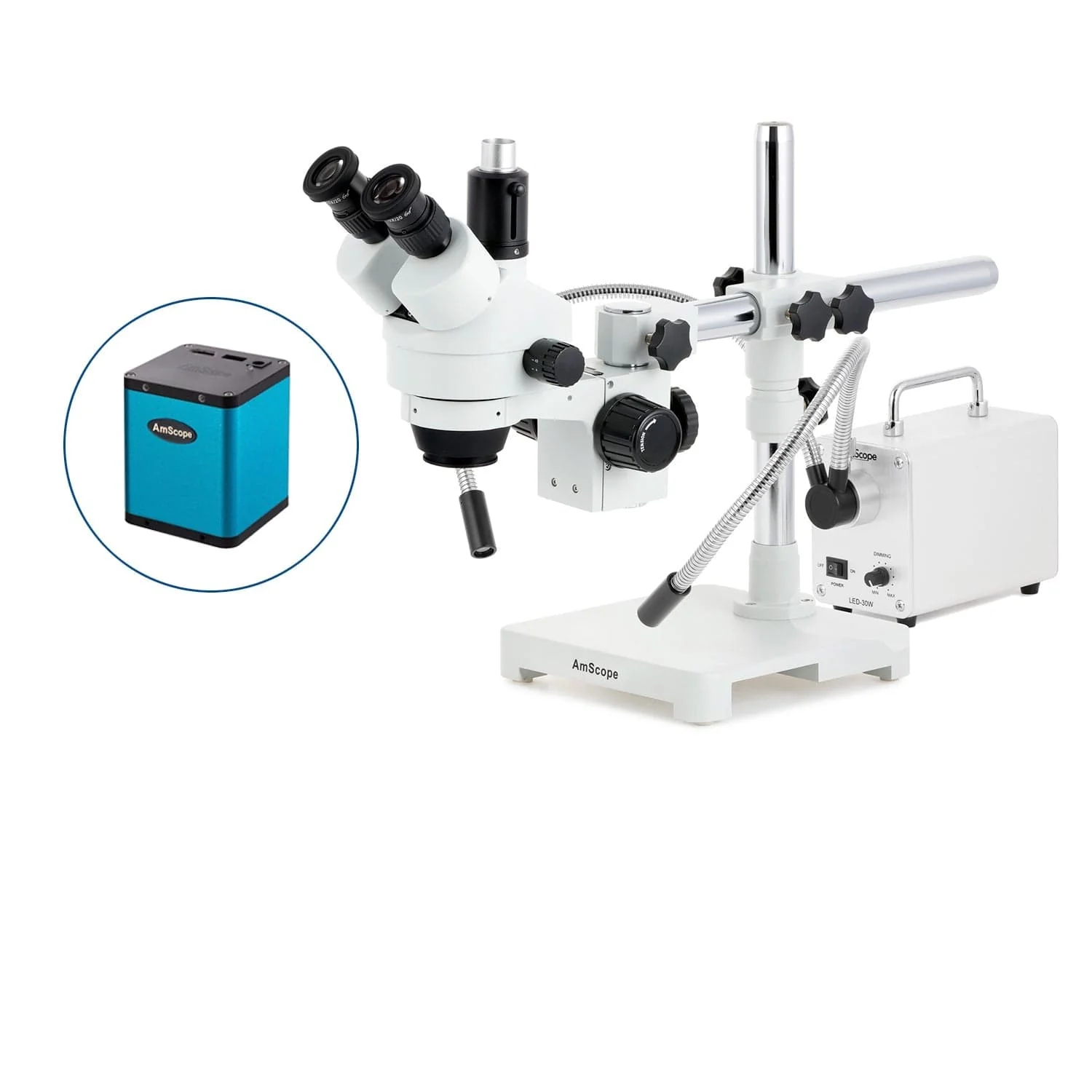 AmScope SM-3 Series Zoom Trinocular Stereo Microscope with 30W LED Dual Gooseneck Fiber Optic Lights and Auto Focus Camera on Single Arm Boom Stand - Image 3