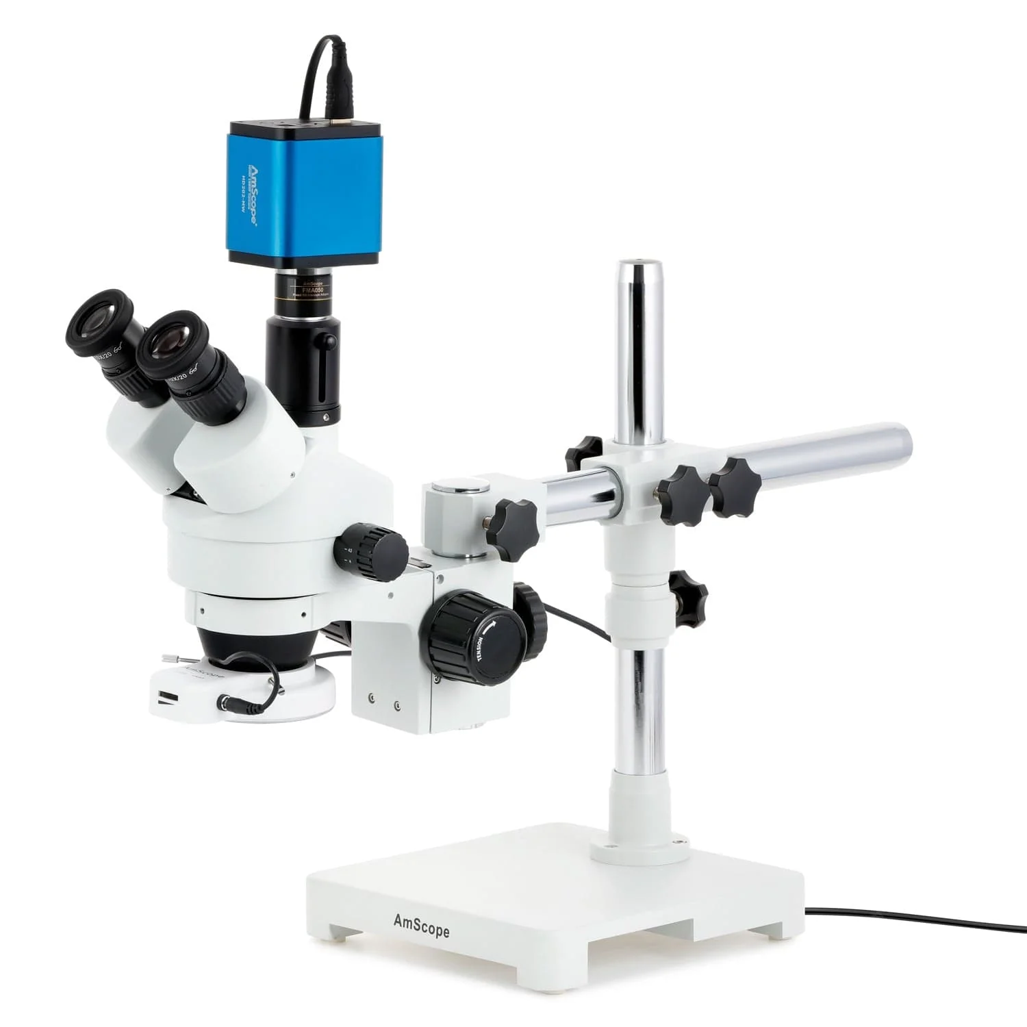 AmScope SM-3 Series Zoom Trinocular Stereo Microscope with 56 LED Compact Ring Light and HDMI Camera on Single Arm Boom Stand