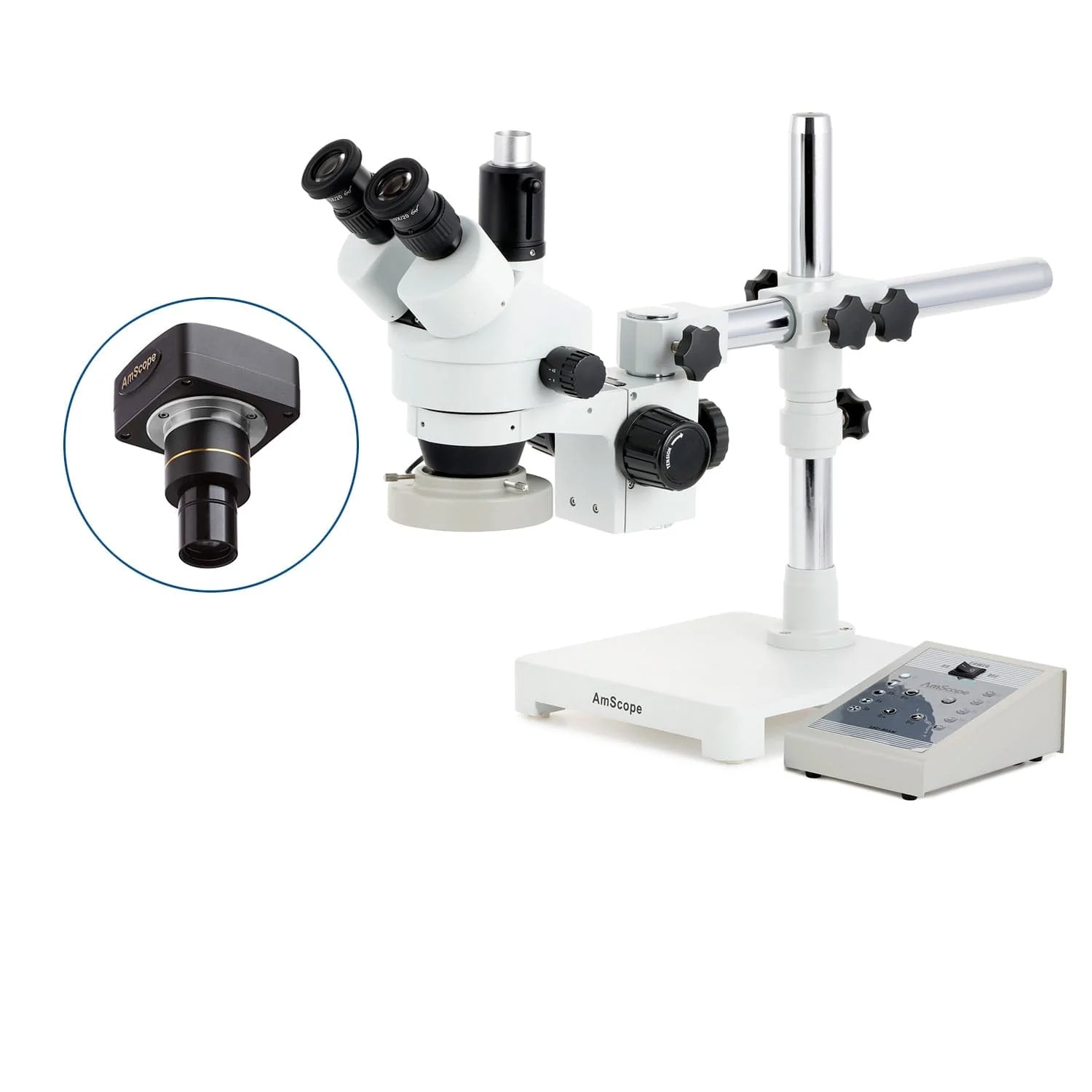 AmScope SM-3 Series Zoom Trinocular Stereo Microscope with 80 LED Direction Variable Ring Light and Optional Digital Camera on Single Arm Boom Stand - Image 2