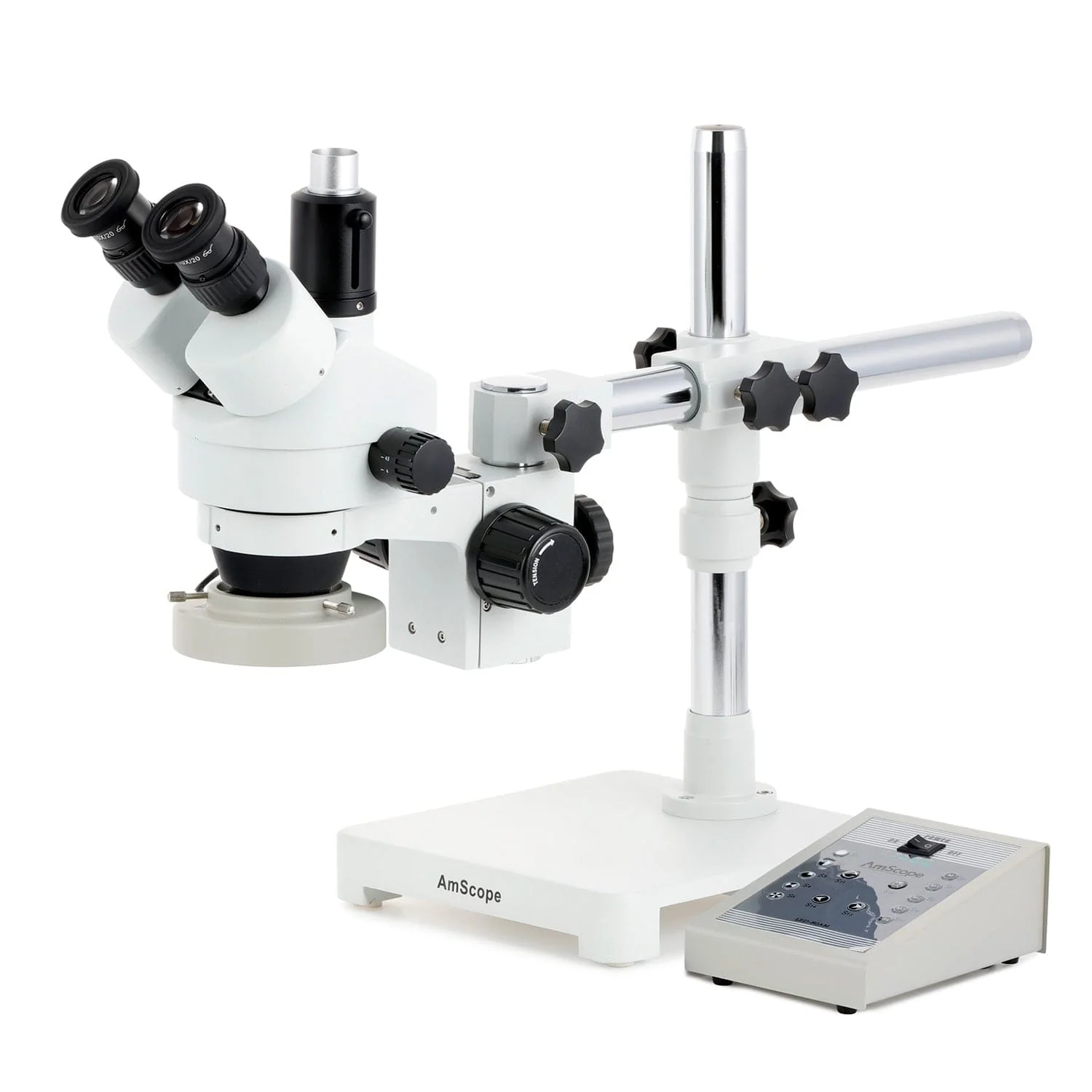 AmScope SM-3 Series Zoom Trinocular Stereo Microscope with 80 LED Direction Variable Ring Light and Auto Focus Camera on Single Arm Boom Stand - Image 2