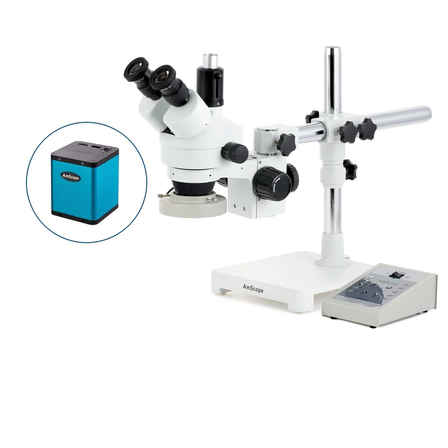 AmScope SM-3 Series Zoom Trinocular Stereo Microscope with 80 LED Direction Variable Ring Light and Auto Focus Camera on Single Arm Boom Stand - Image 3