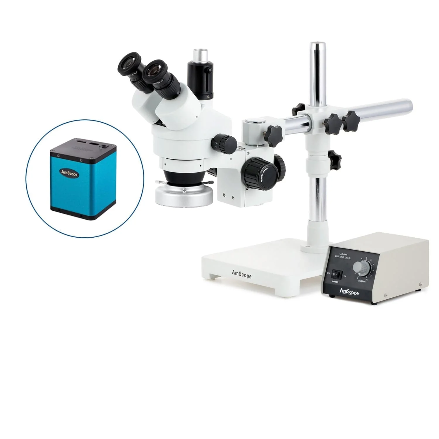 AmScope SM-3 Series Zoom Trinocular Stereo Microscope with Heavy Duty 80 LED Ring Light and Auto Focus Camera on Single Arm Boom Stand - Image 3