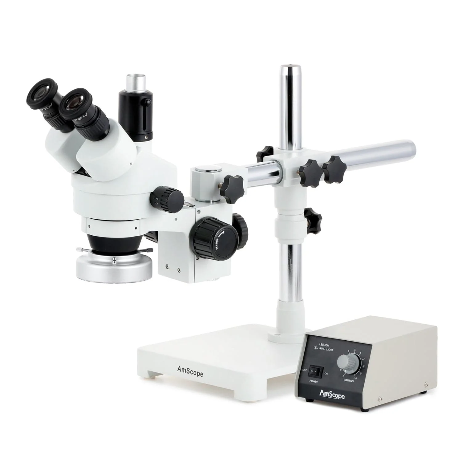 AmScope SM-3 Series Zoom Trinocular Stereo Microscope with Heavy Duty 80 LED Ring Light and HDMI Camera on Single Arm Boom Stand - Image 2
