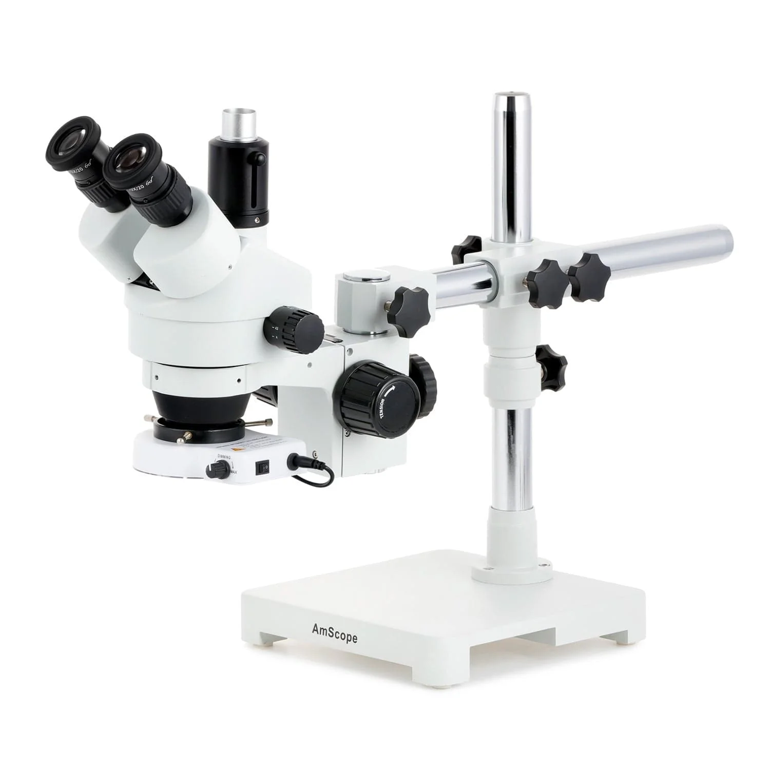 AmScope SM-3 Series Zoom Trinocular Stereo Microscope with 80 LED Compact Ring Light and HDMI Camera on Single Arm Boom Stand - Image 2