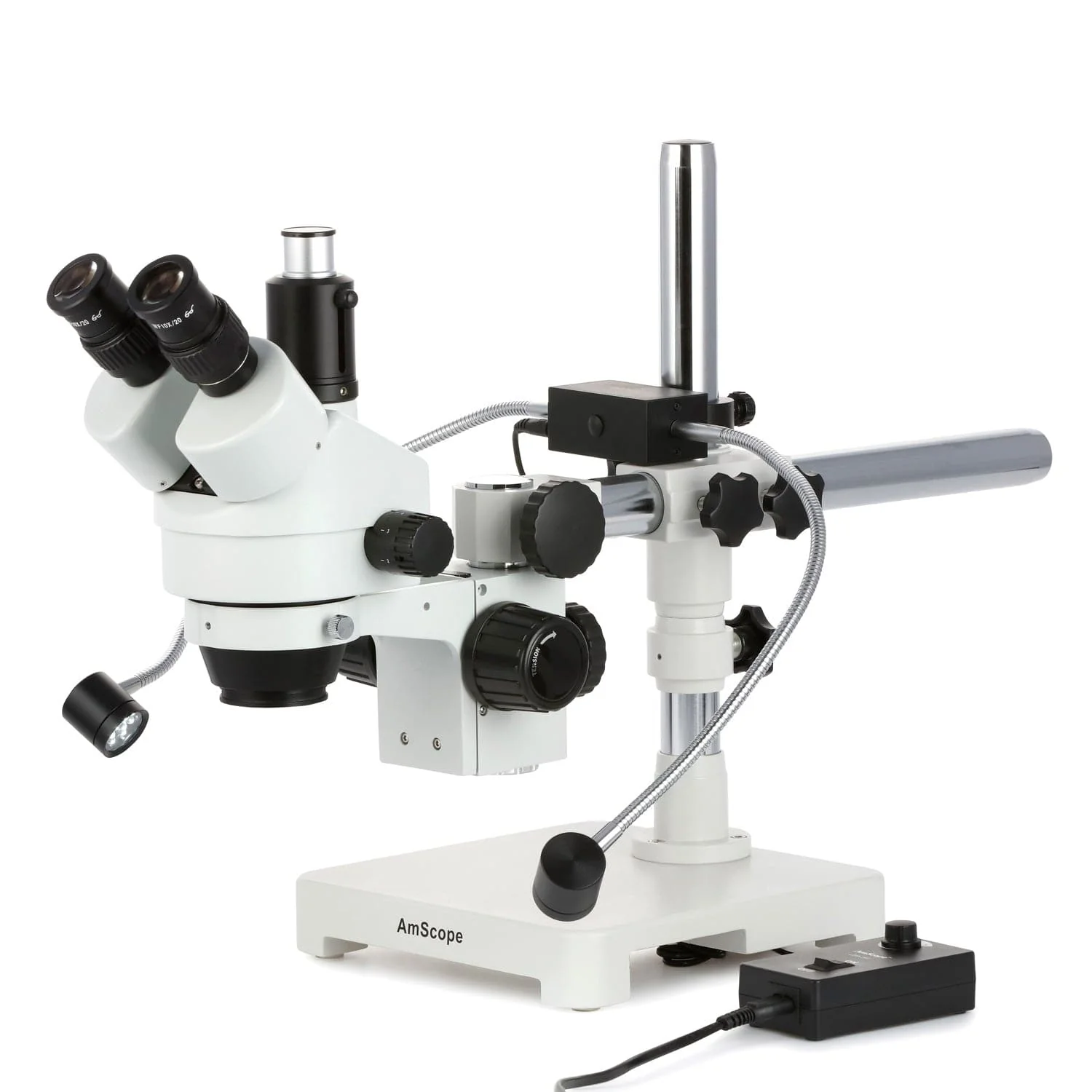 AmScope SM-3T Series Trinocular Zoom Stereo Microscope 7X-45X with 8W LED Dual Gooseneck Illuminator + Optional Digital Camera on Single Arm Boom Stand